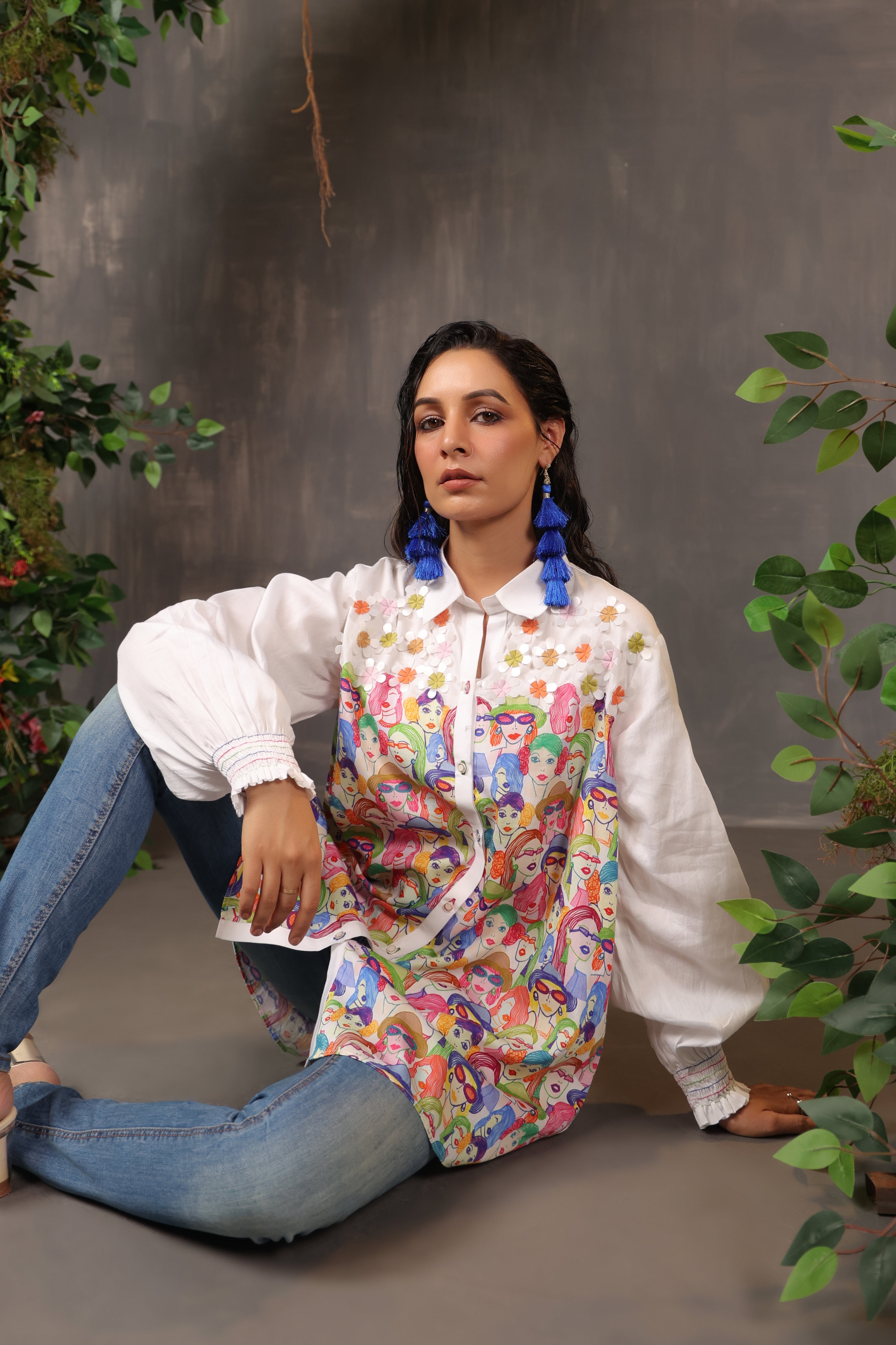 White Patchwork Embroidered Cotton Shirt