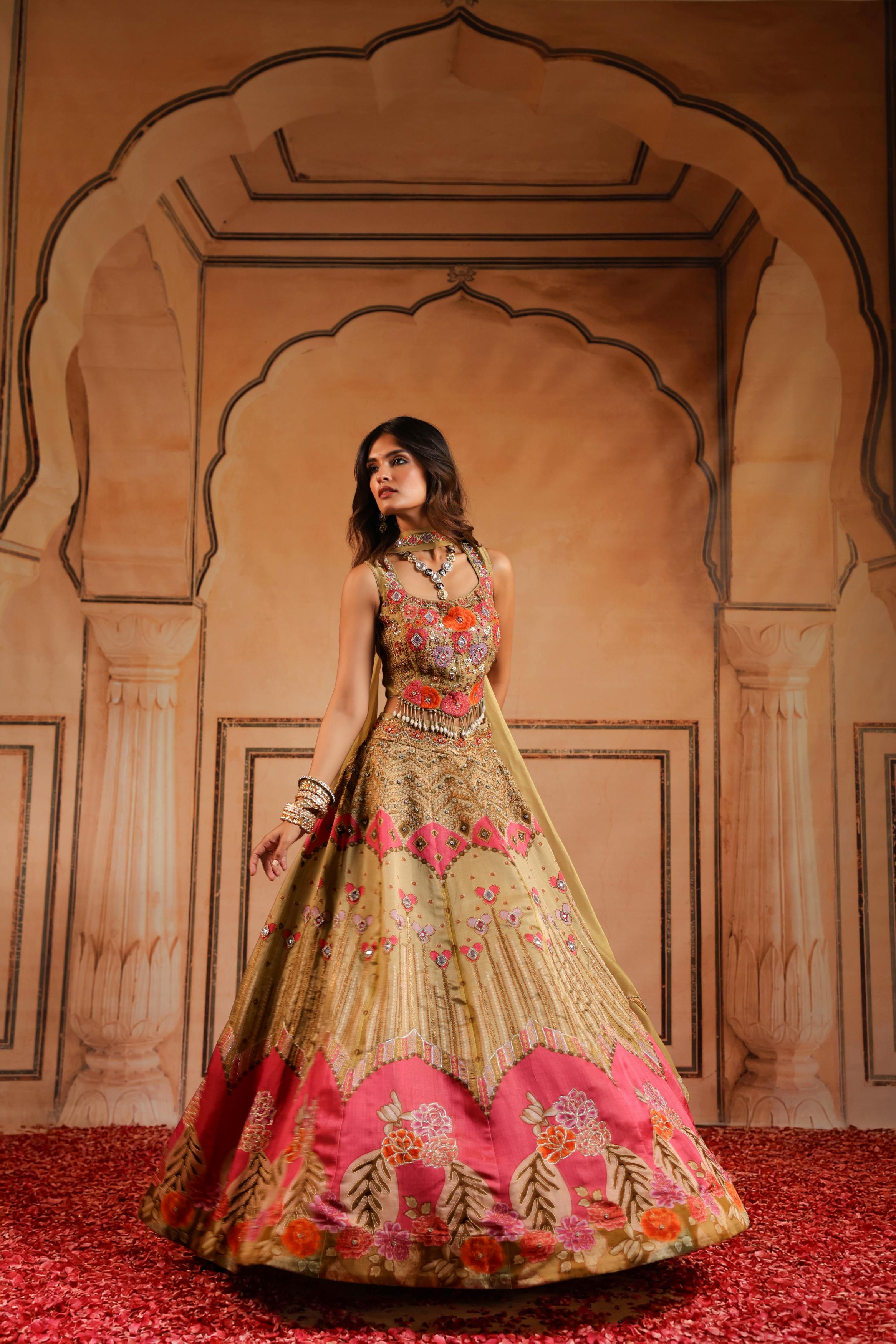 Champagne Gold Embellished Linen Satin Lehenga Set