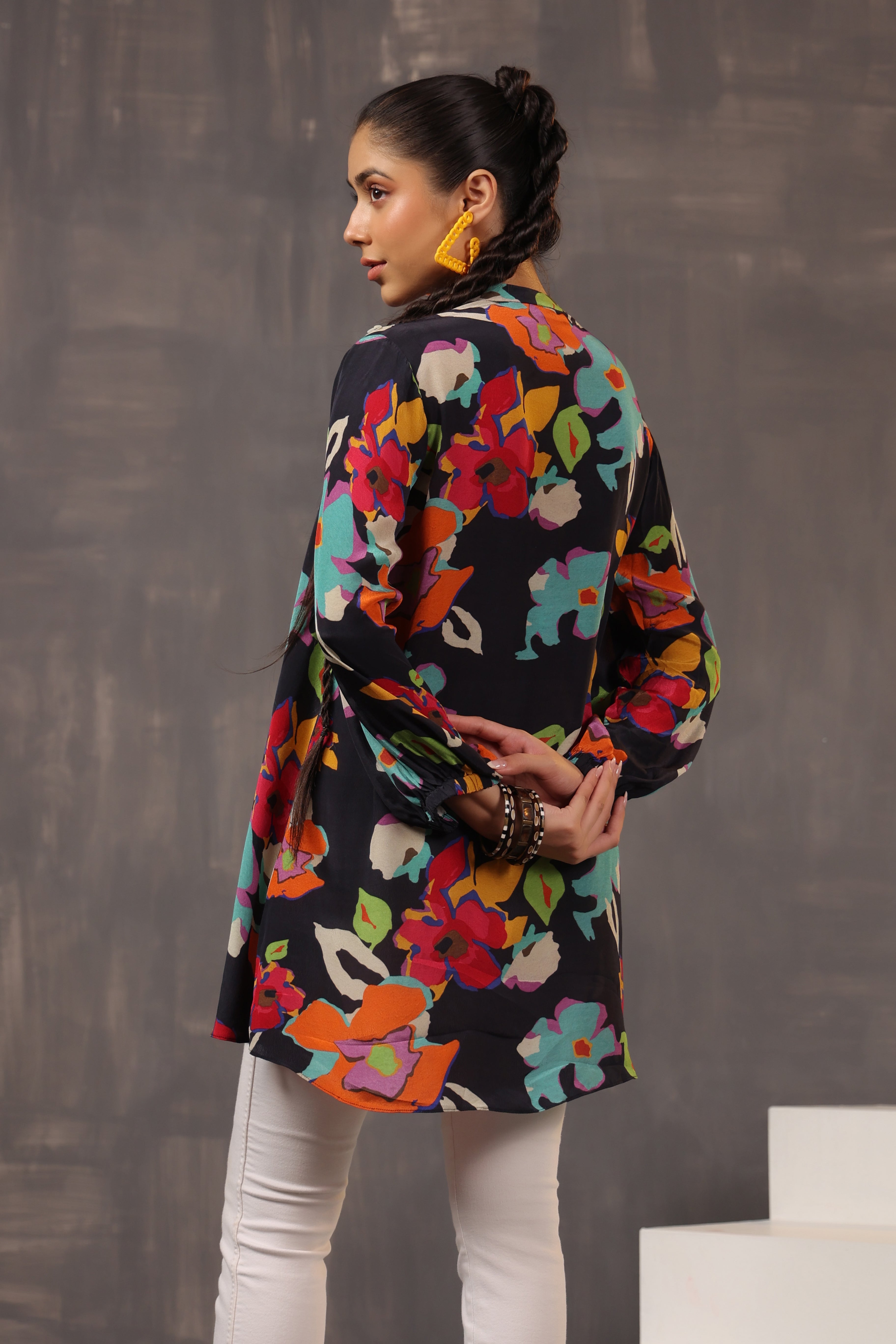 Classic Black Floral Printed Crepe Silk Shirt