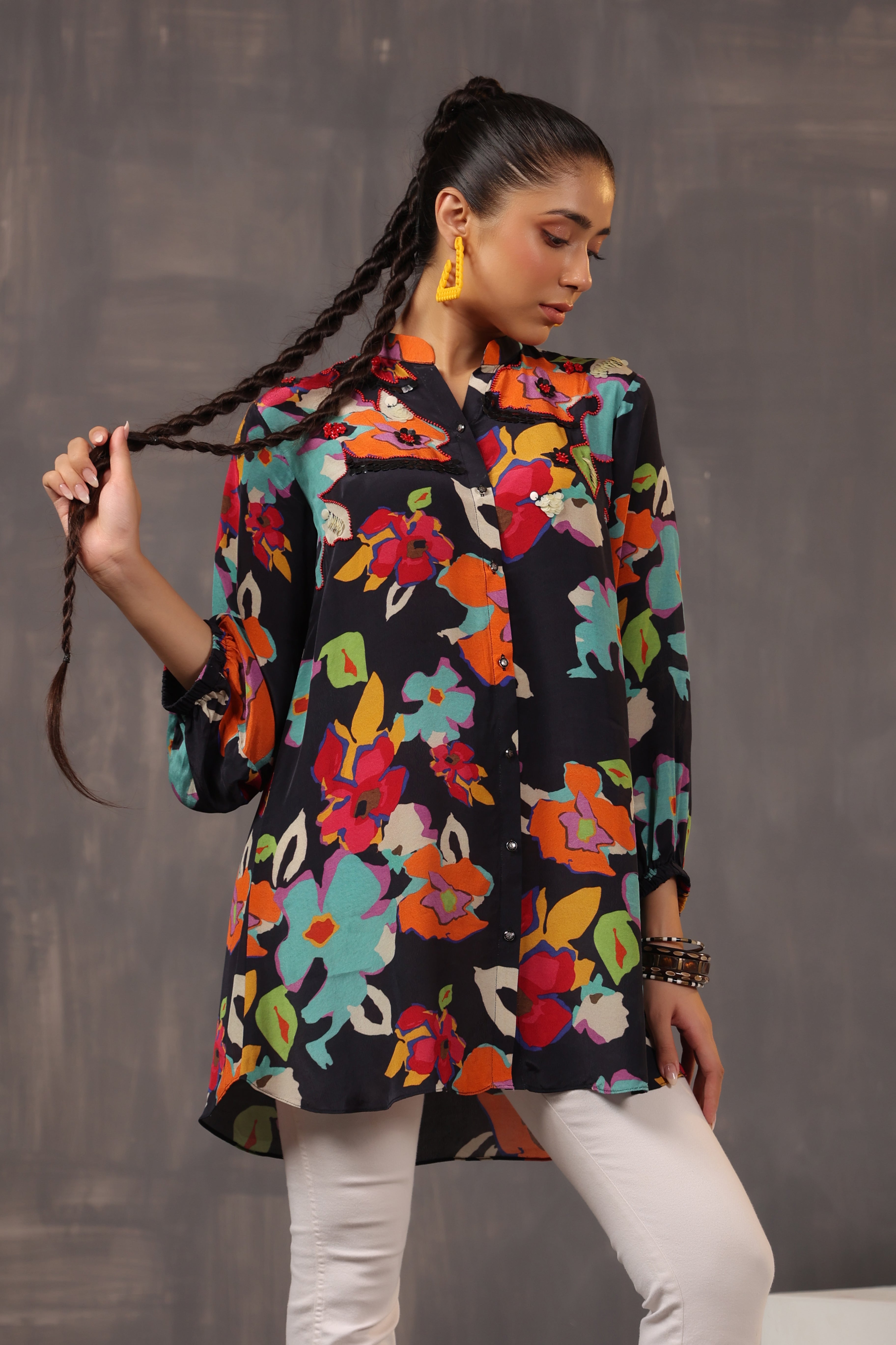 Classic Black Floral Printed Crepe Silk Shirt