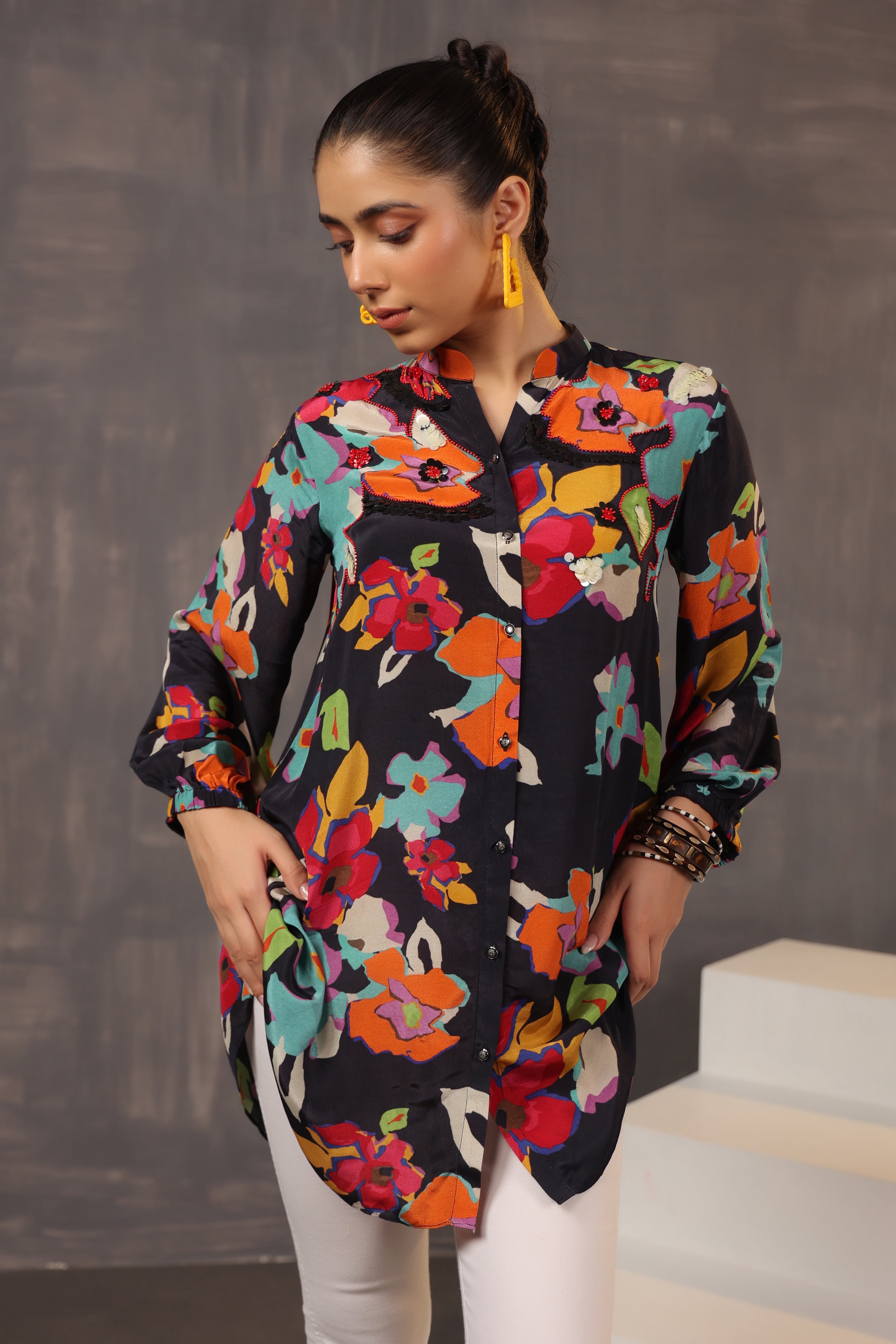 Classic Black Floral Printed Crepe Silk Shirt