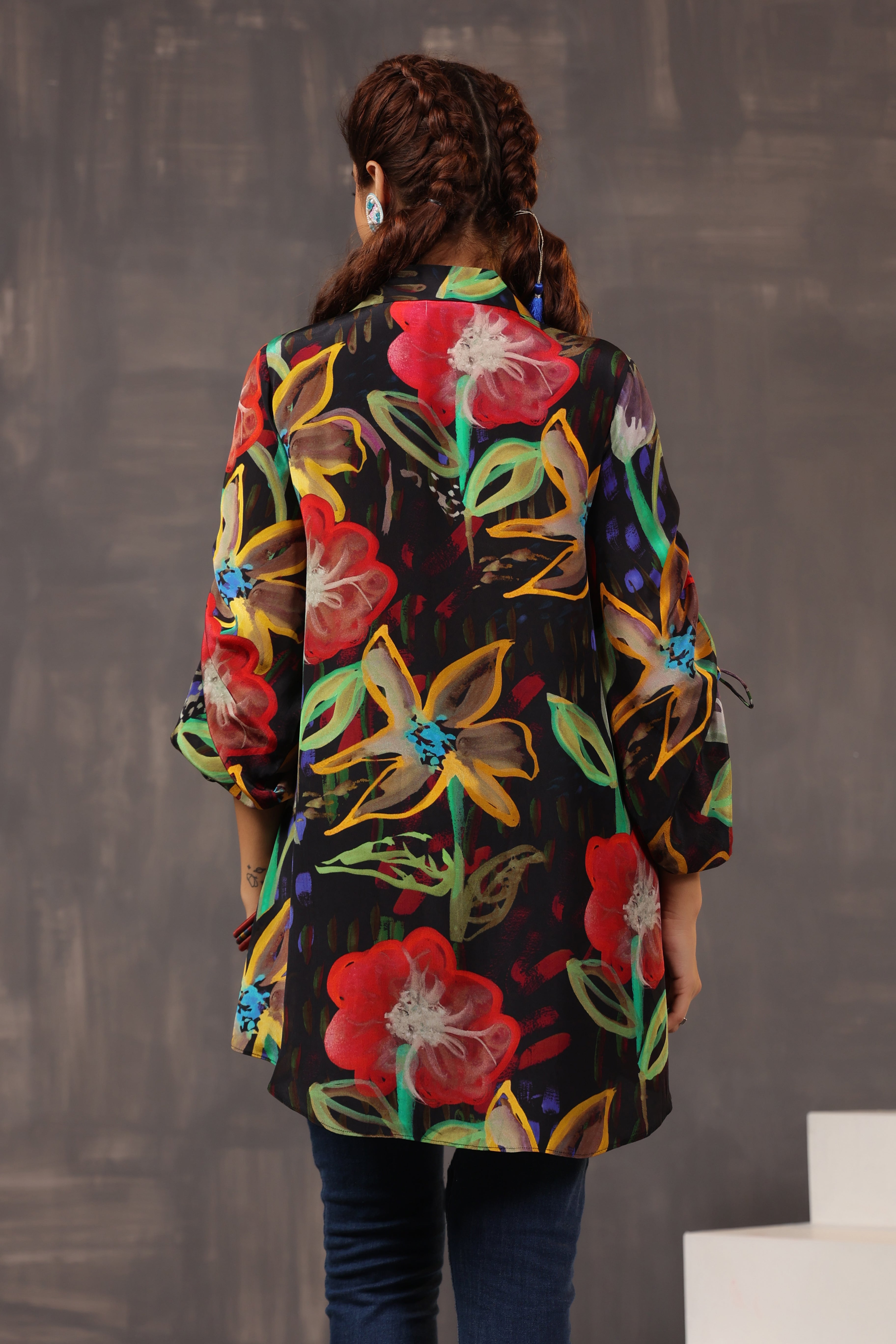 Midnight Black Floral Printed Crepe Silk Shirt