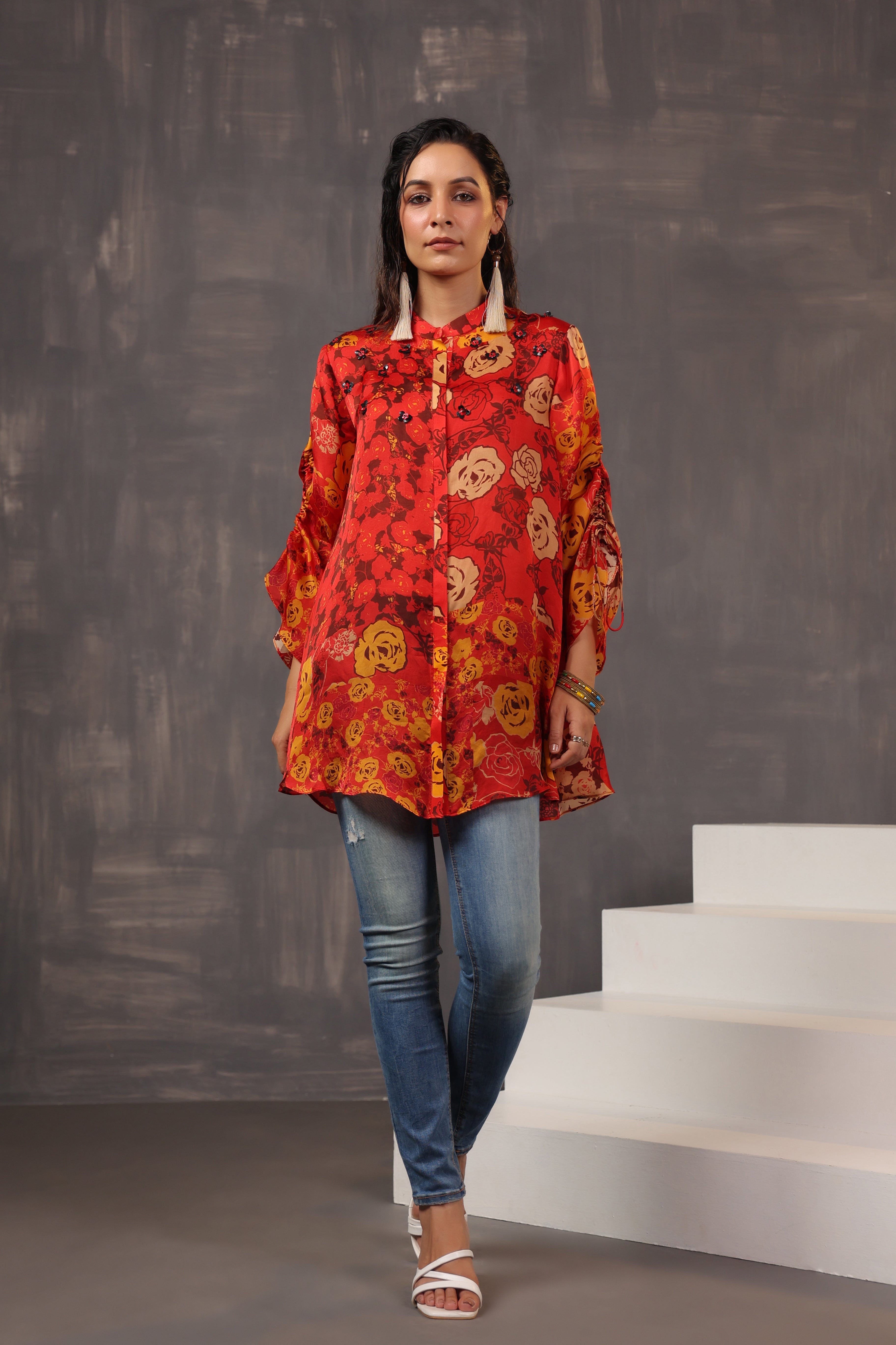 Red Digital Printed Satin Silk Shirt