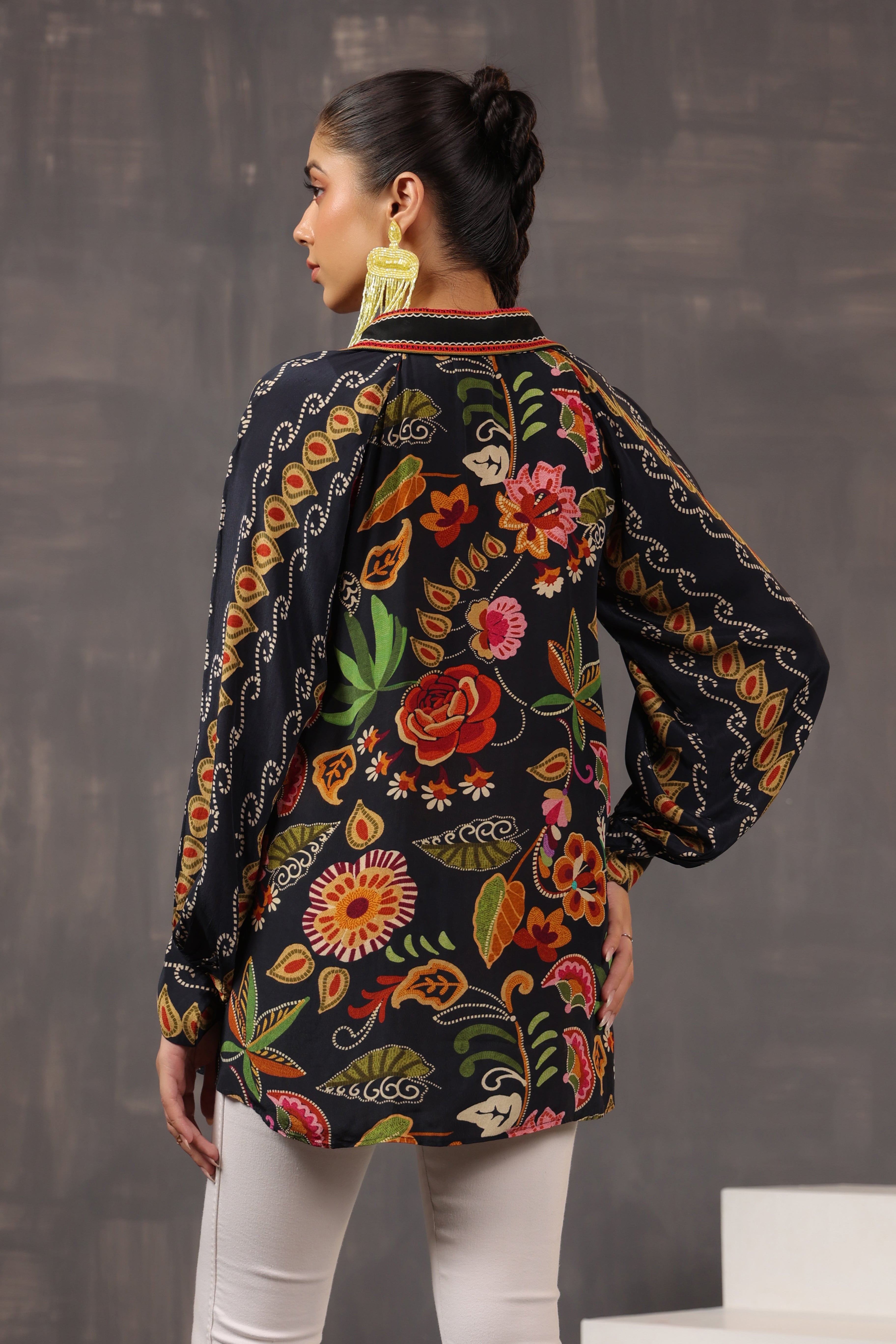 Classic Black Floral Printed Crepe Silk Top