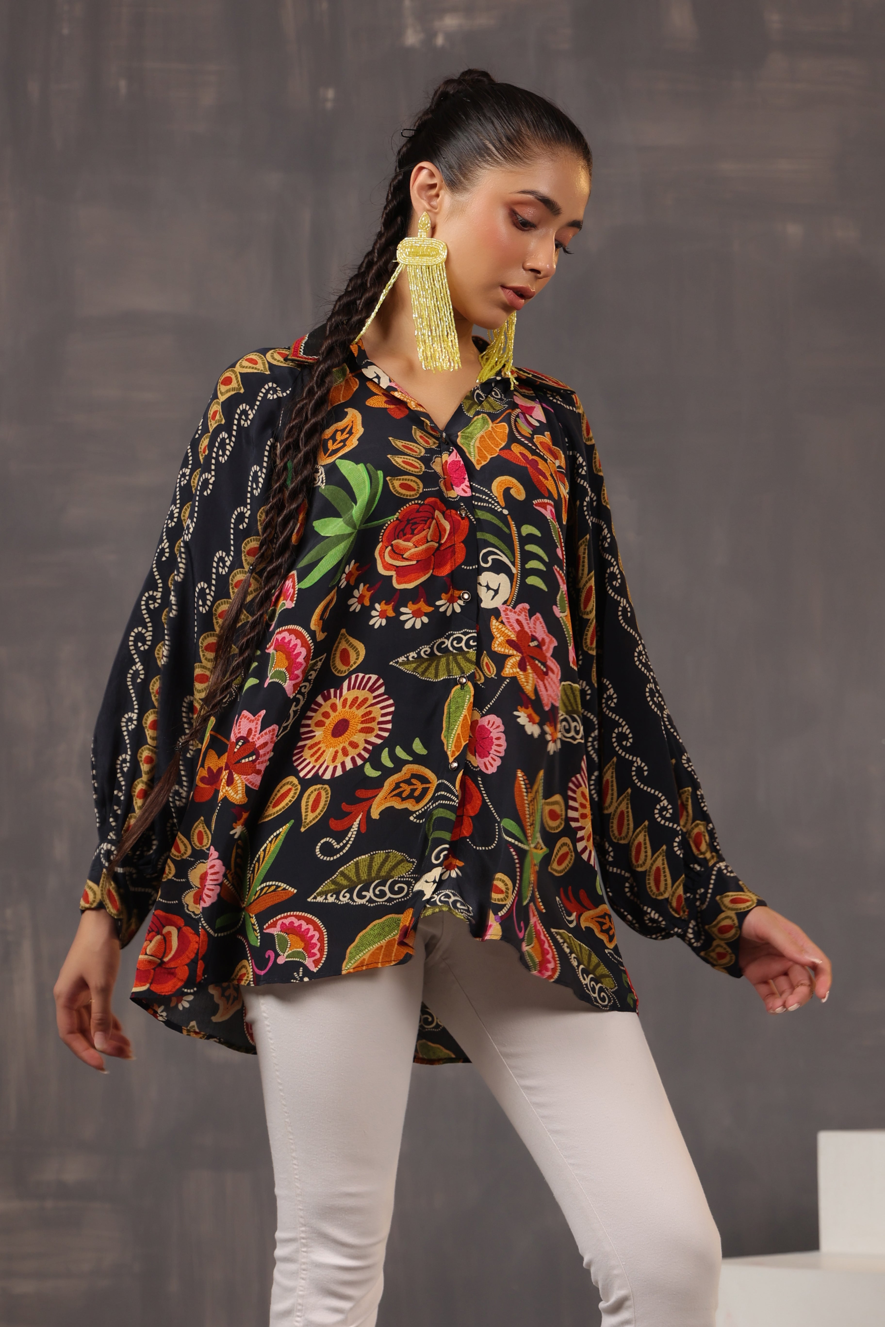 Classic Black Floral Printed Crepe Silk Top