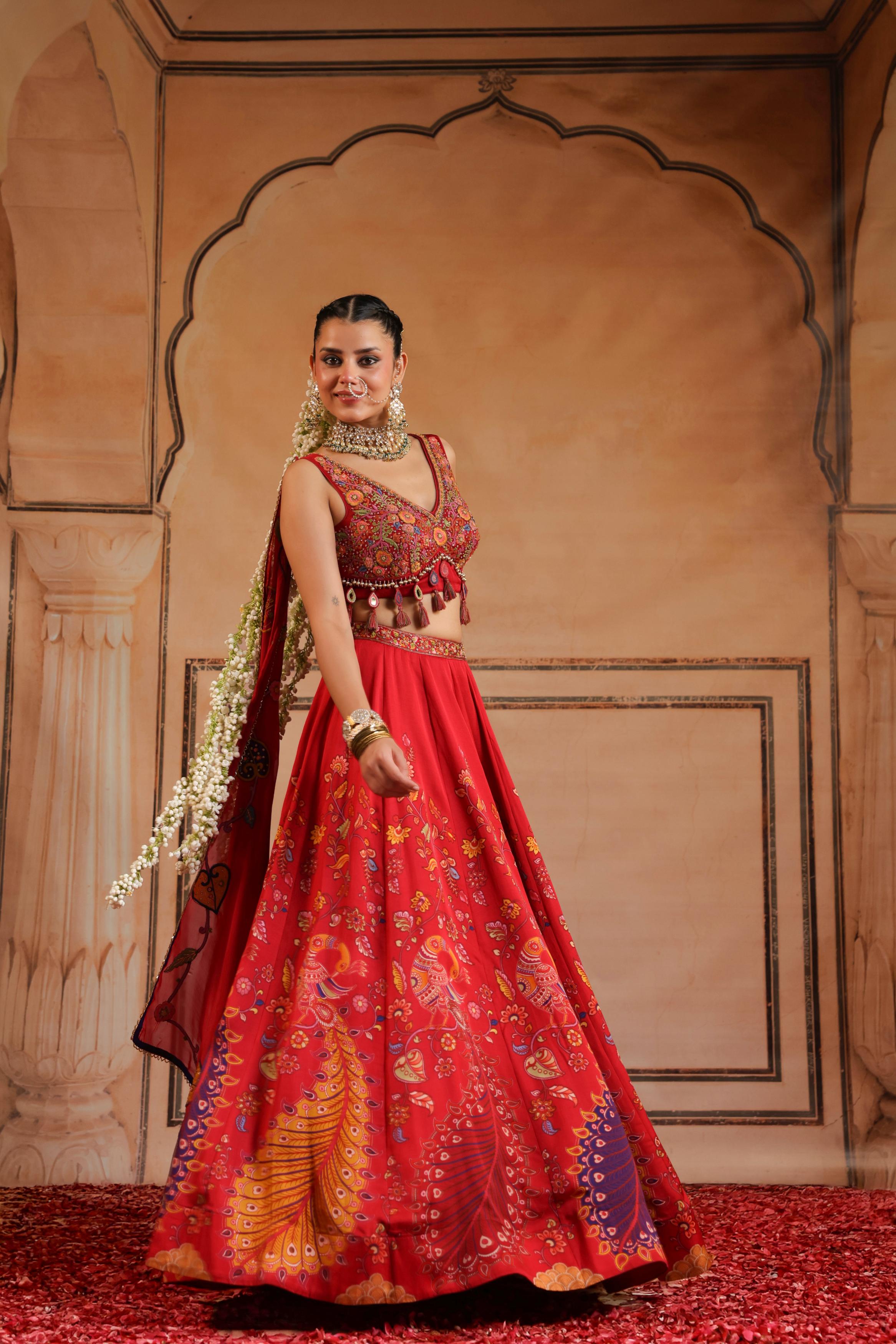 Bright Red Embellished Satin Silk Lehenga Set