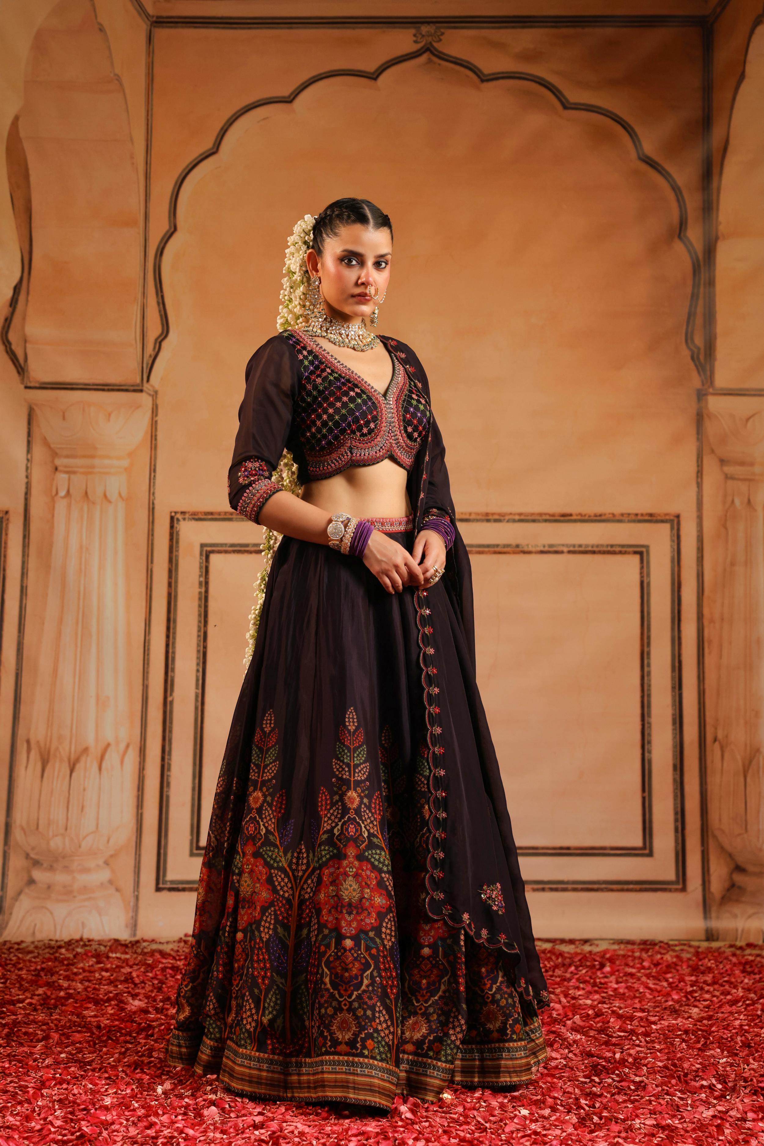Black Embellished Organdi Silk Lehenga Set