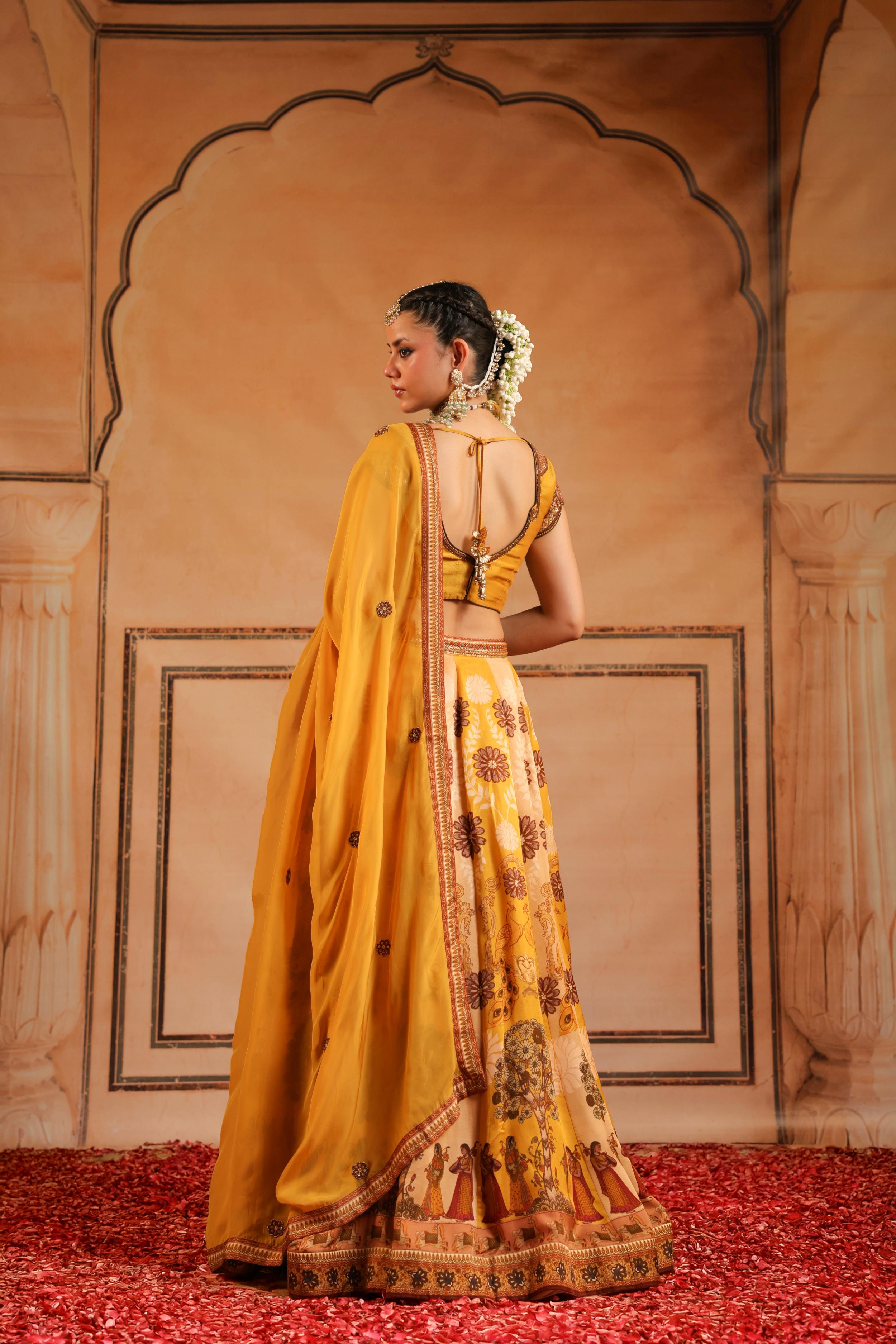 Mustard Yellow Embellished Raw Silk Lehenga Set