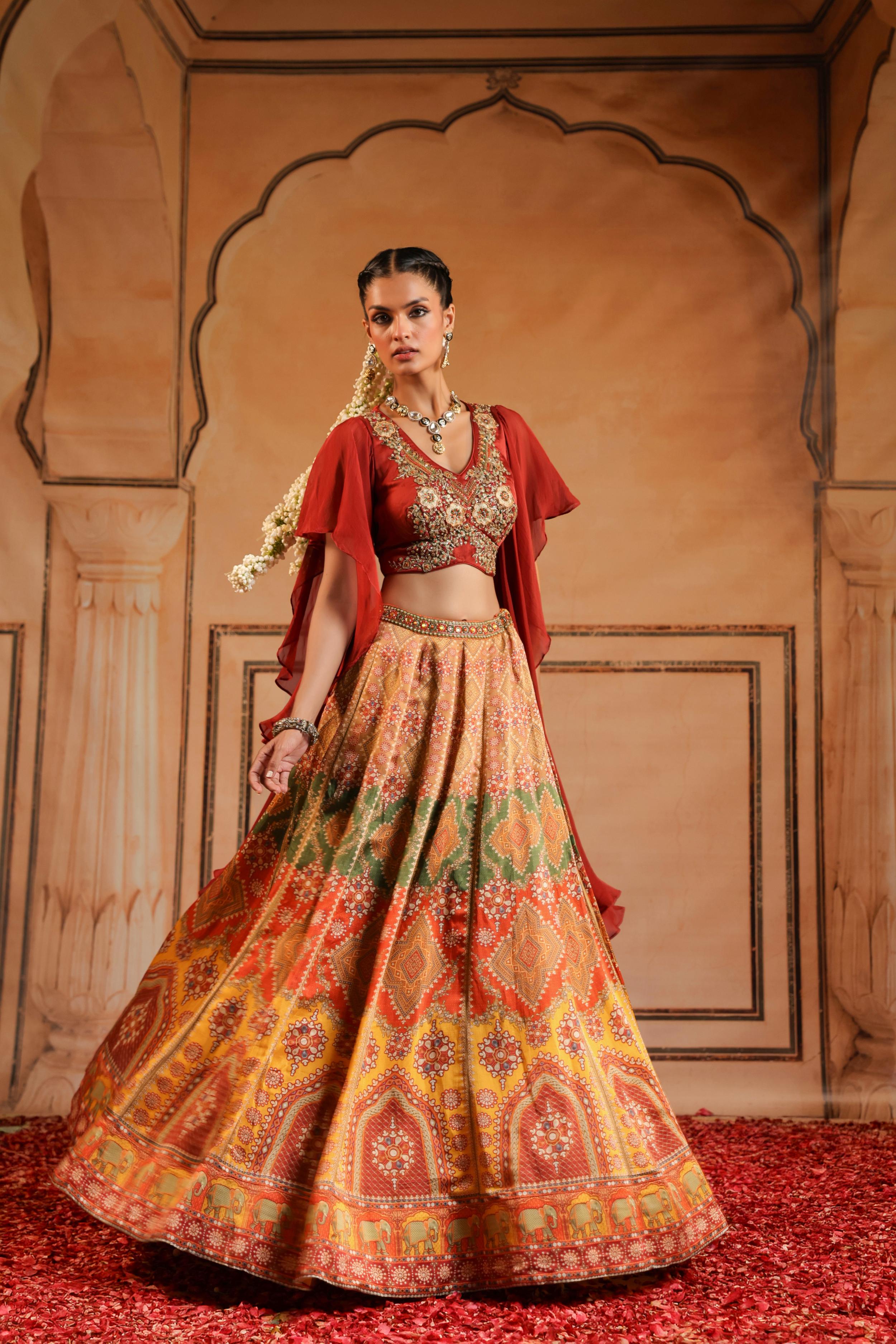 Multicolor Printed Satin Linen Silk Skirt Set