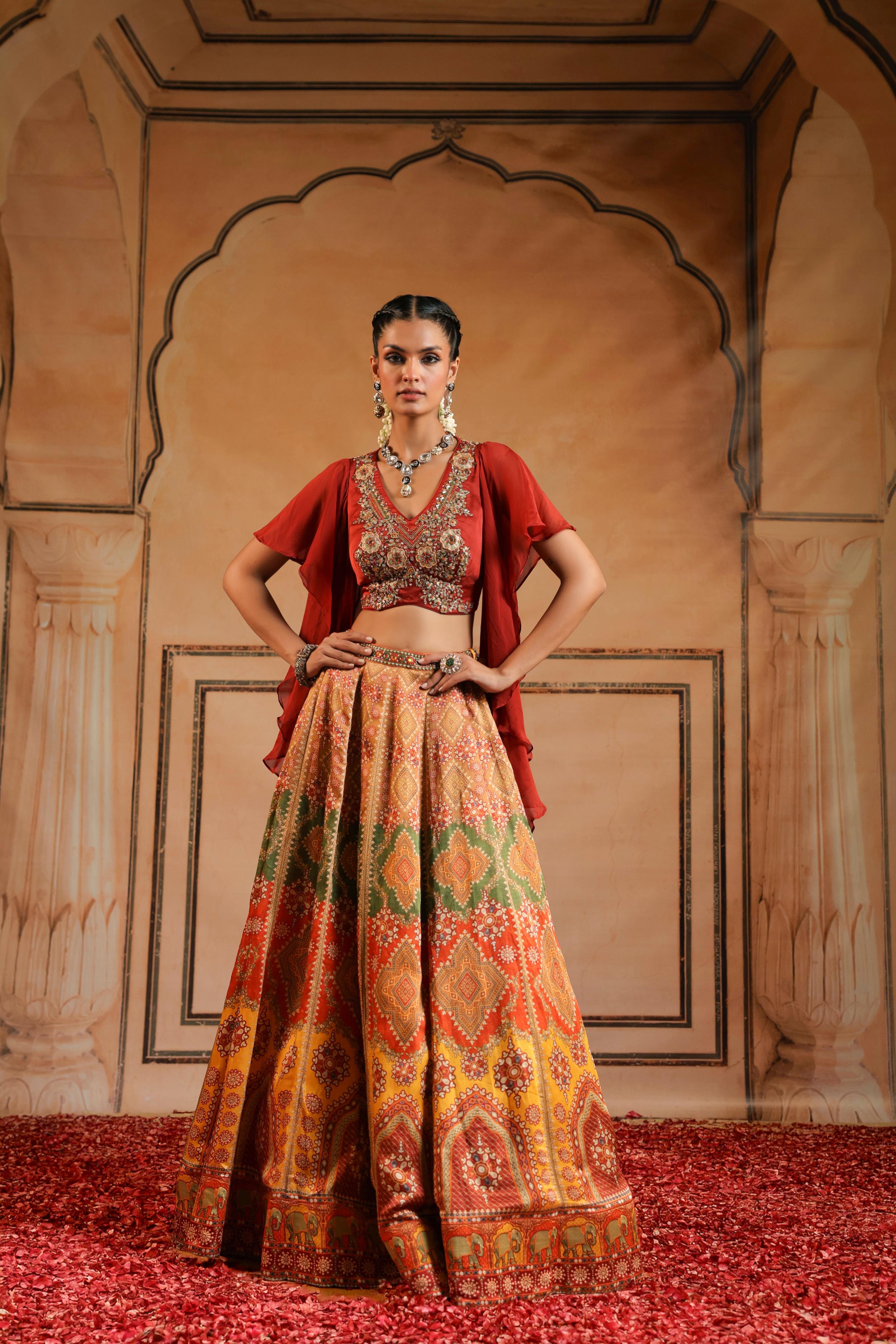 Multicolor Printed Satin Linen Silk Skirt Set