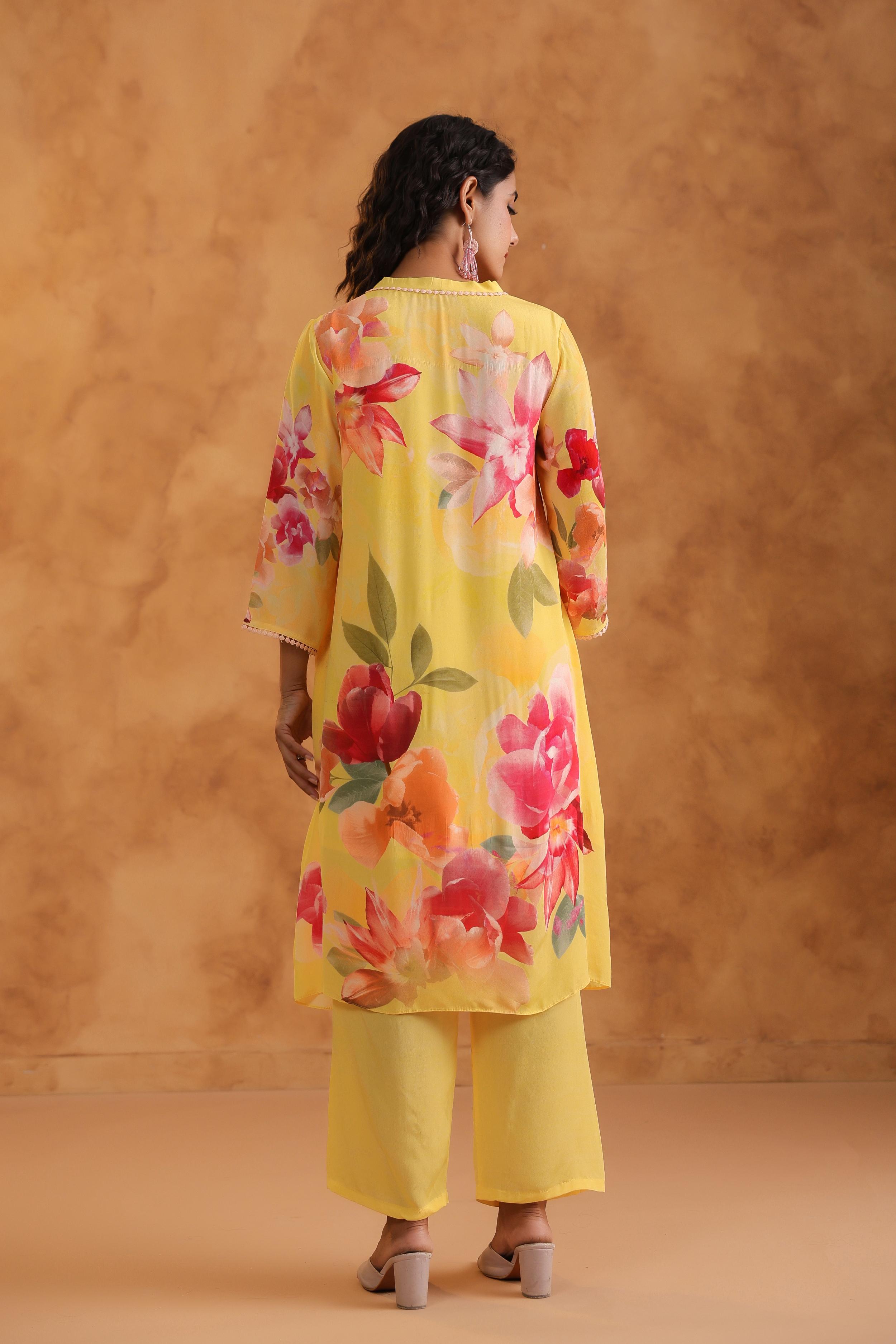 Sunshine Yellow Printed Viscose Crepe Kurta Set