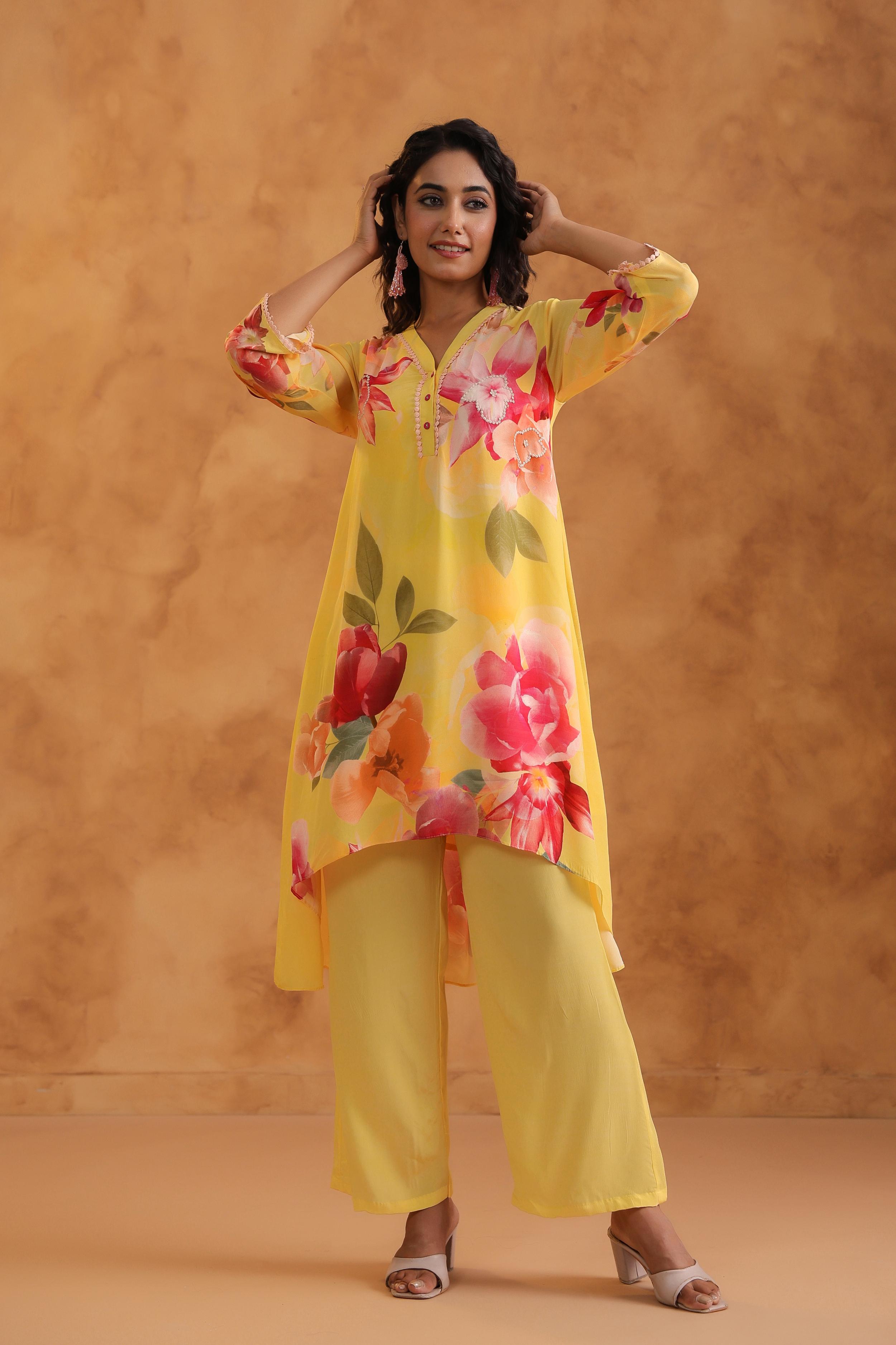 Sunshine Yellow Printed Viscose Crepe Kurta Set