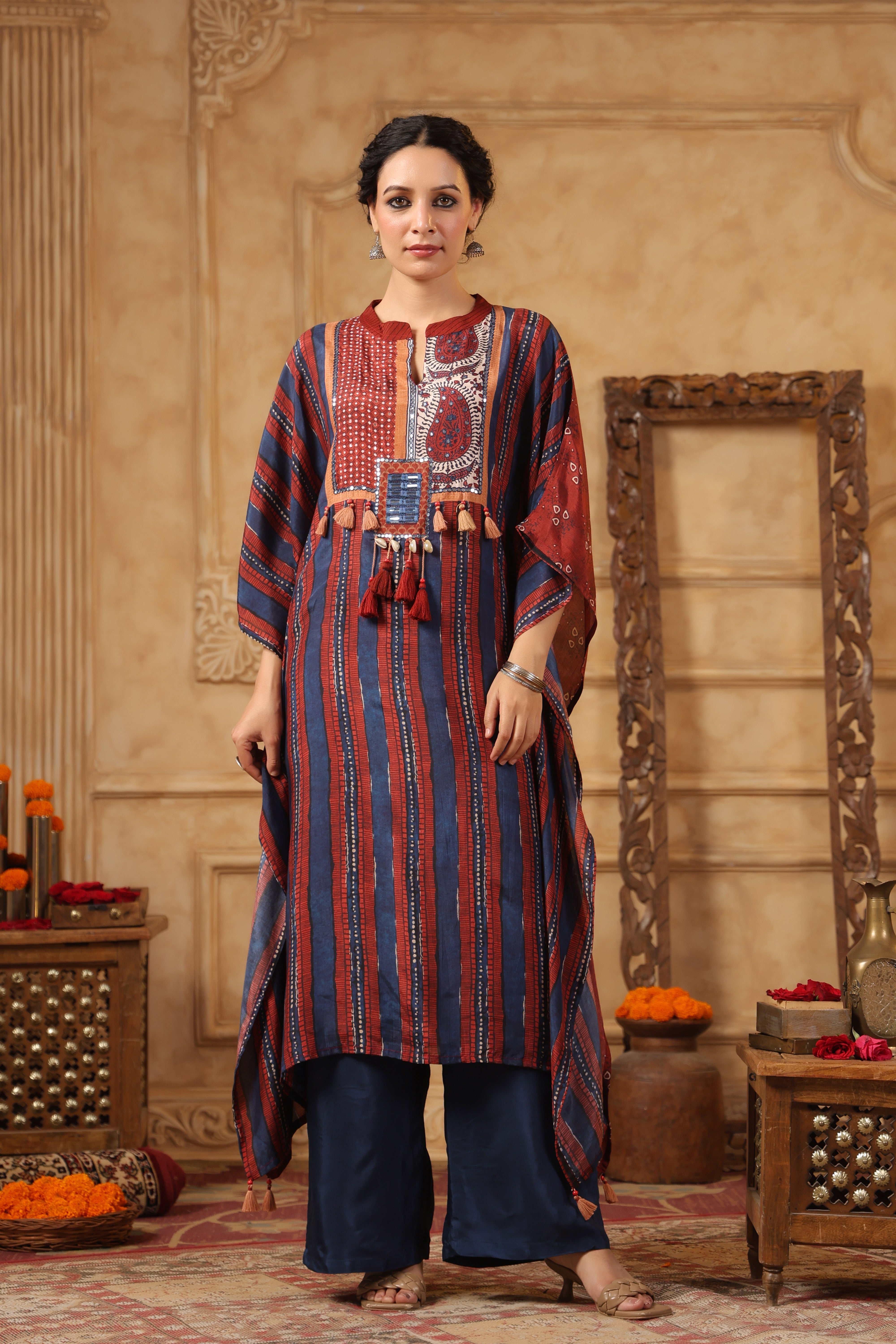 Blue Ethnic Printed Muslin Silk Kaftan Set