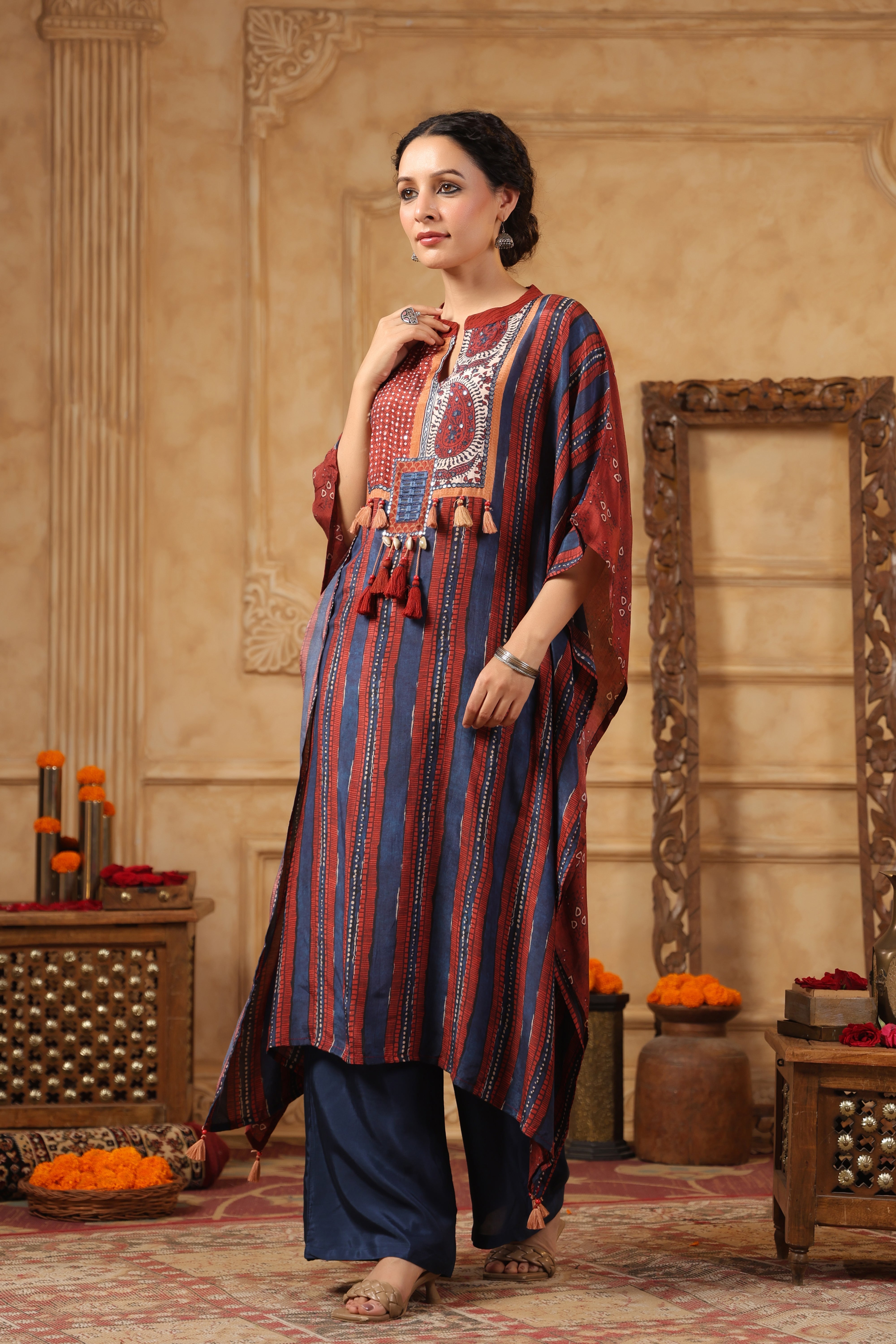 Blue Ethnic Printed Muslin Silk Kaftan Set