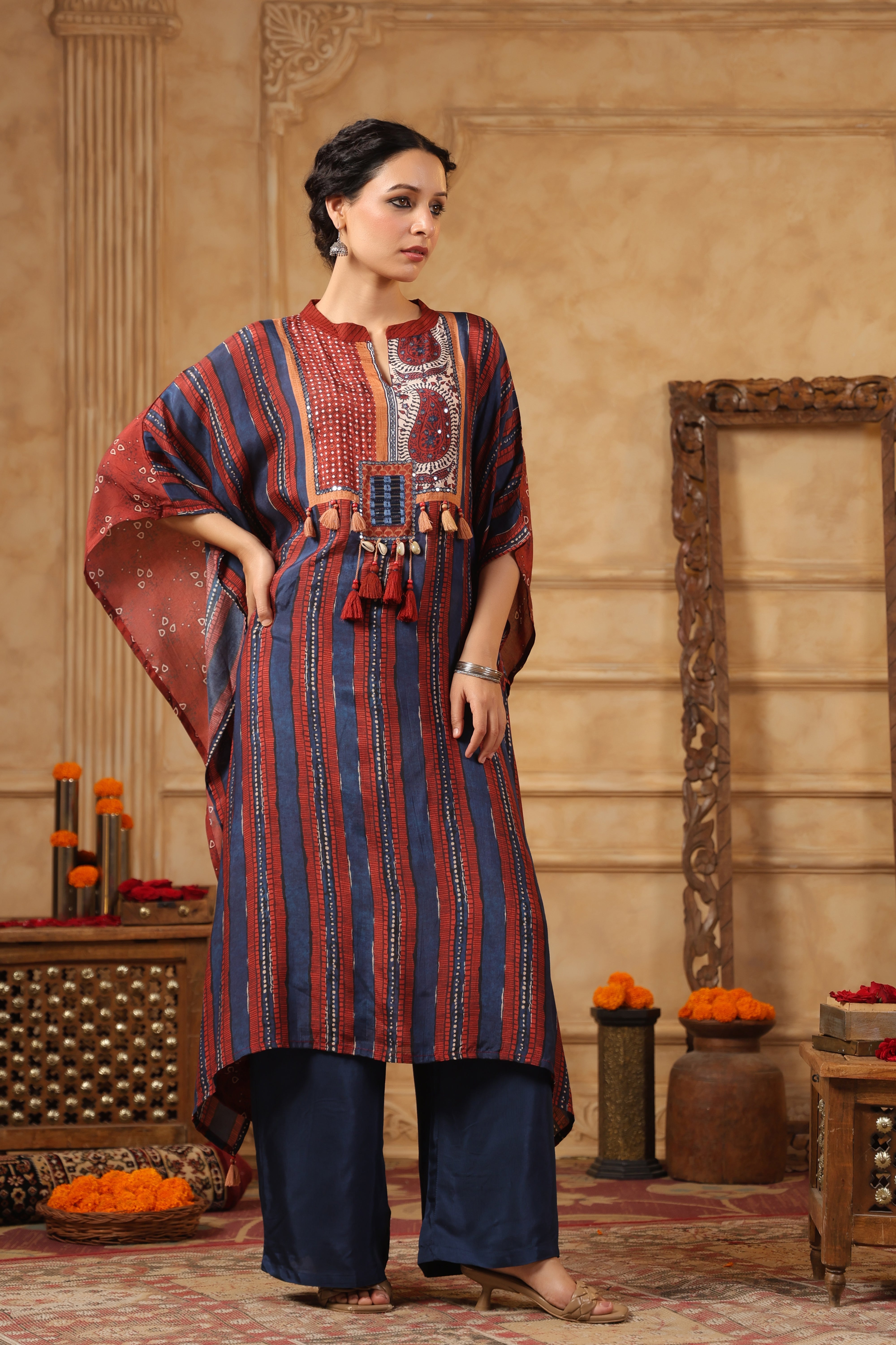 Blue Ethnic Printed Muslin Silk Kaftan Set