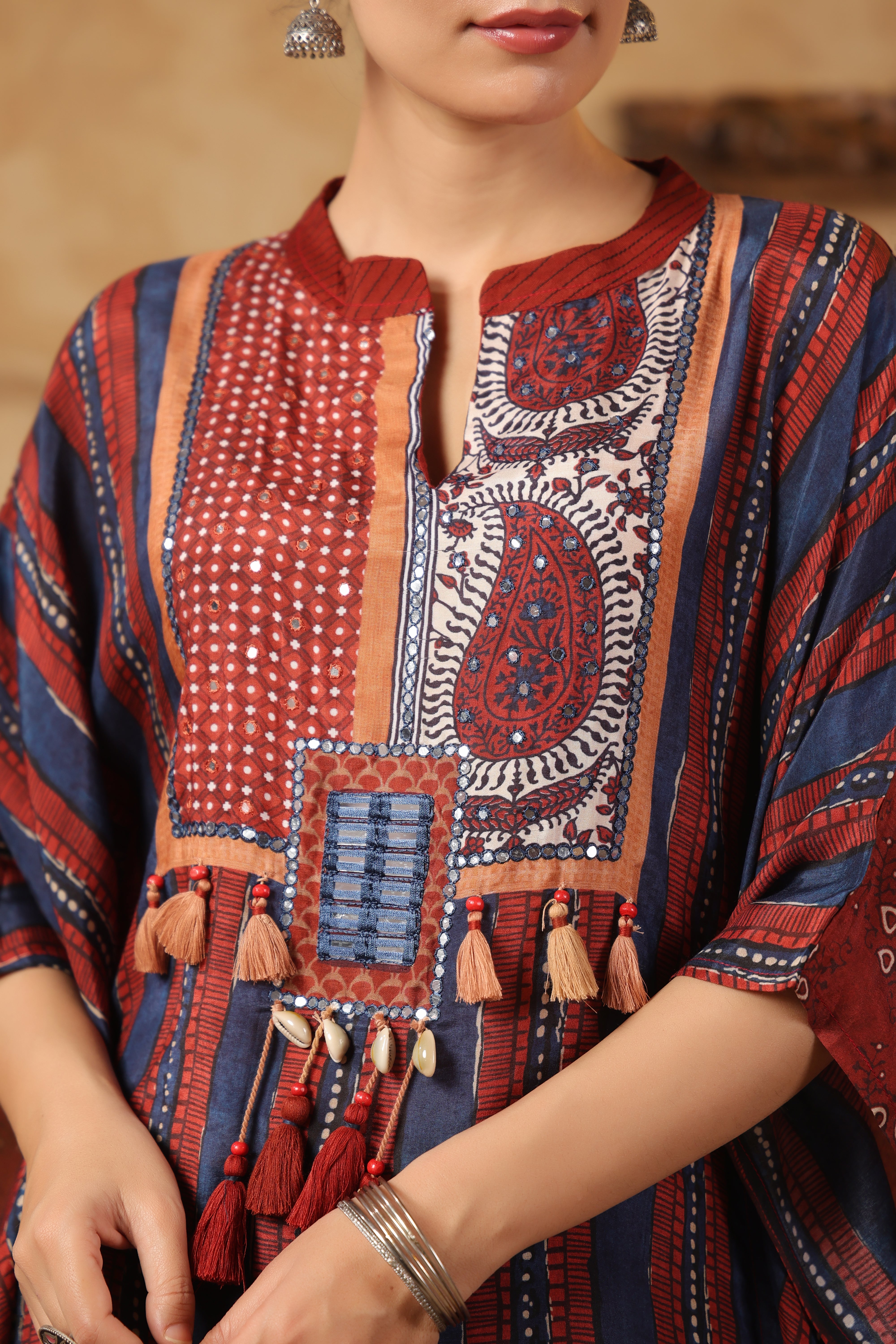 Blue Ethnic Printed Muslin Silk Kaftan Set