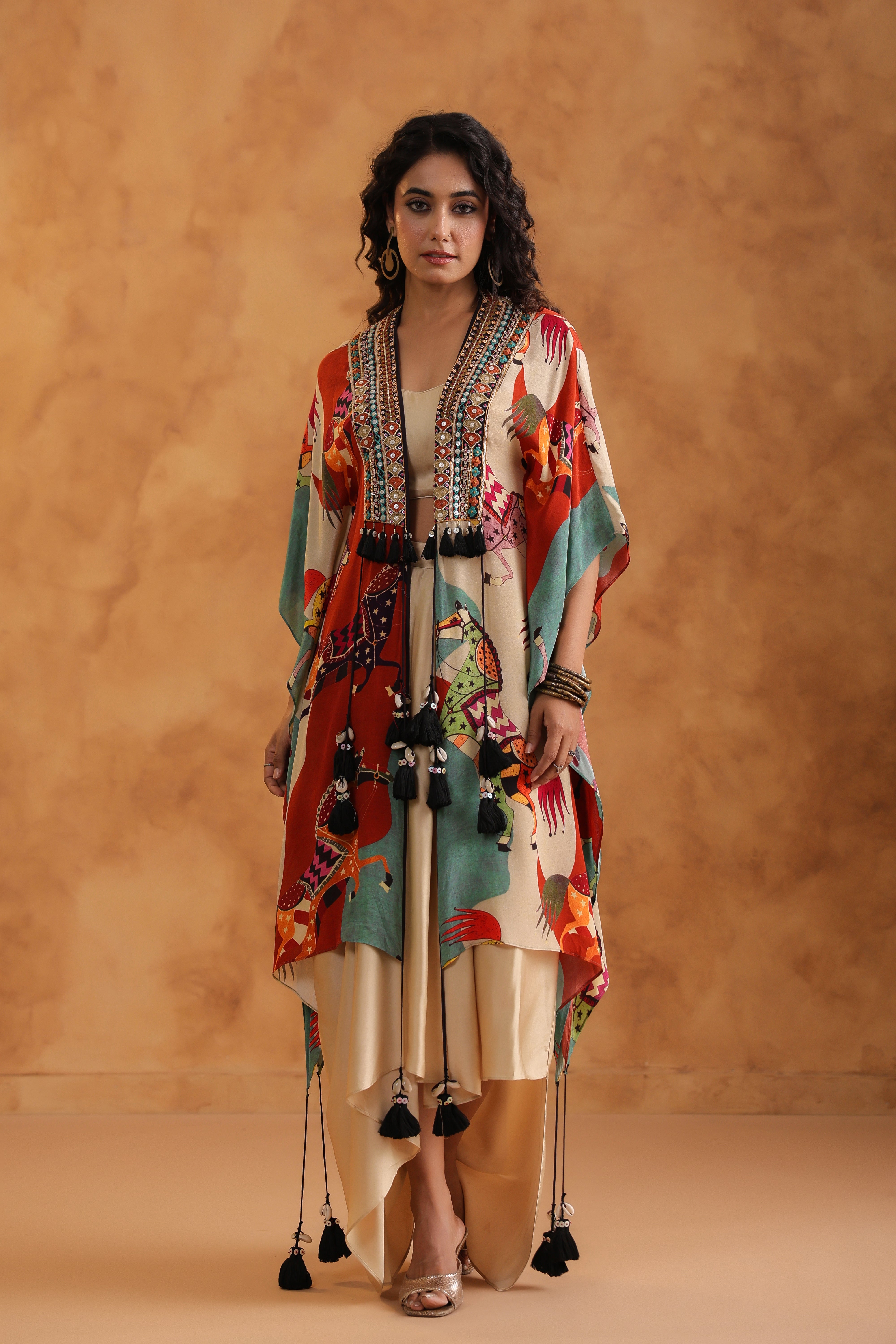 Creamy Beige Printed Viscose Crepe Cape Set