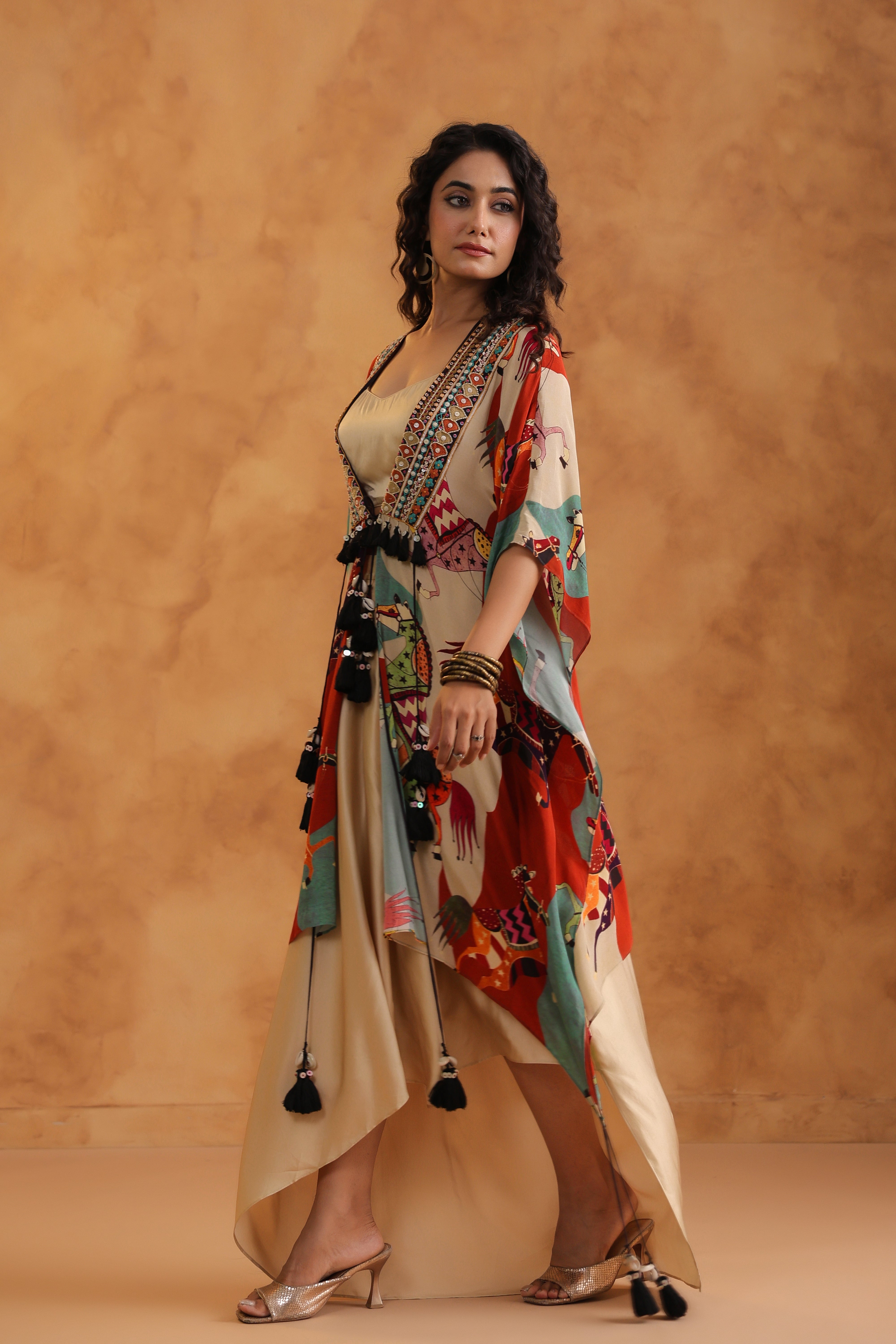 Creamy Beige Printed Viscose Crepe Cape Set