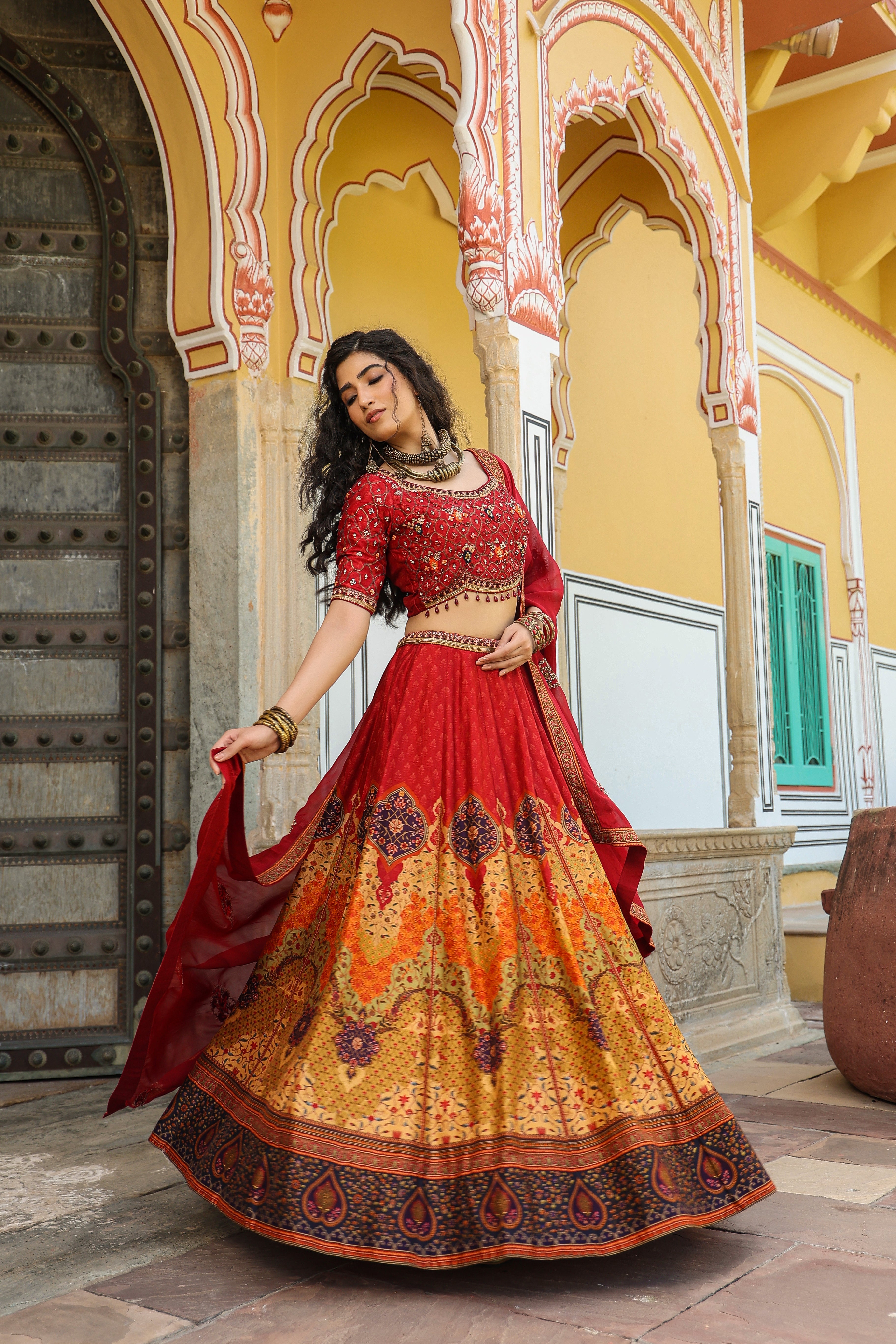 Ruby Red Printed Raw Silk Lehenga Set