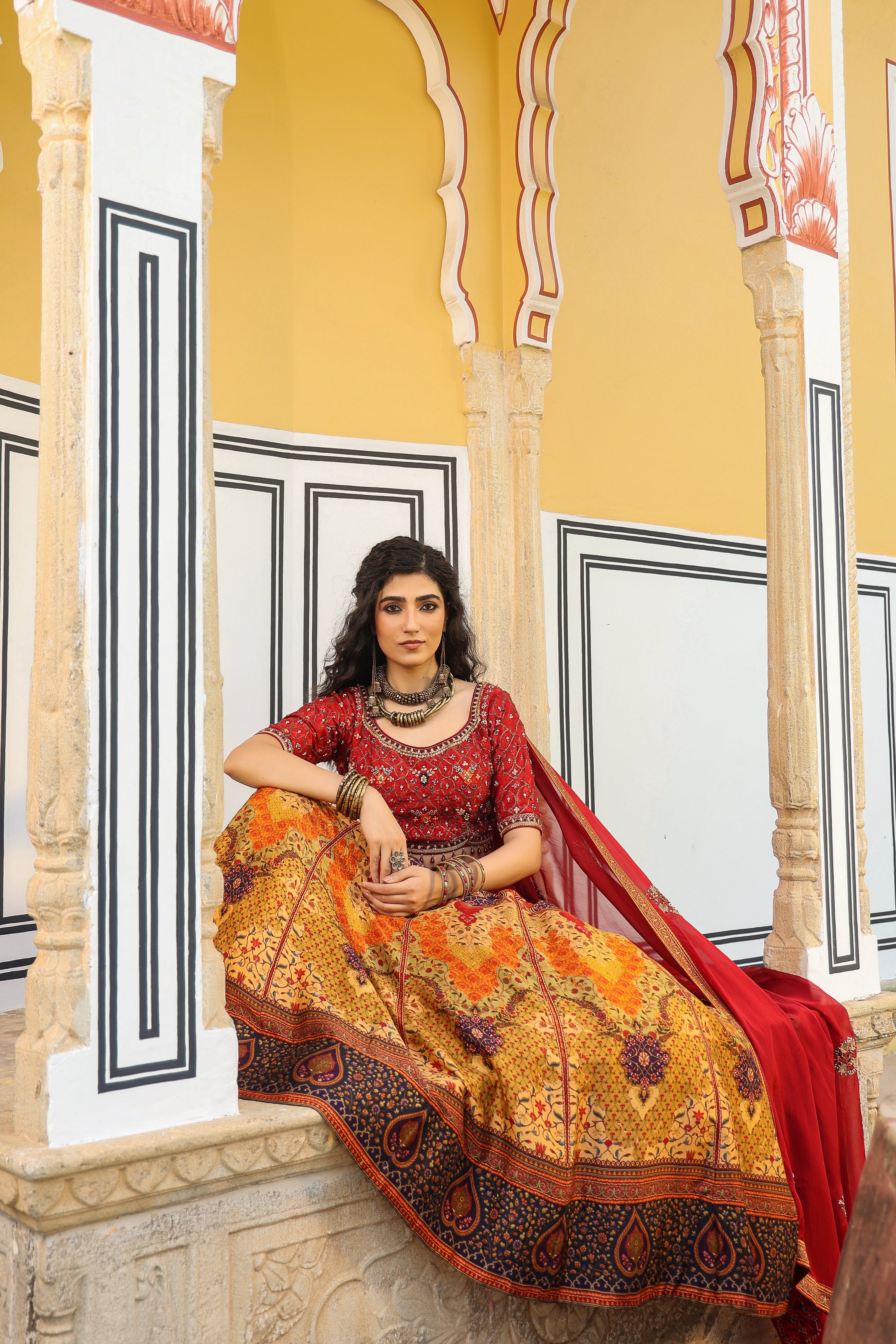 Ruby Red Printed Raw Silk Lehenga Set