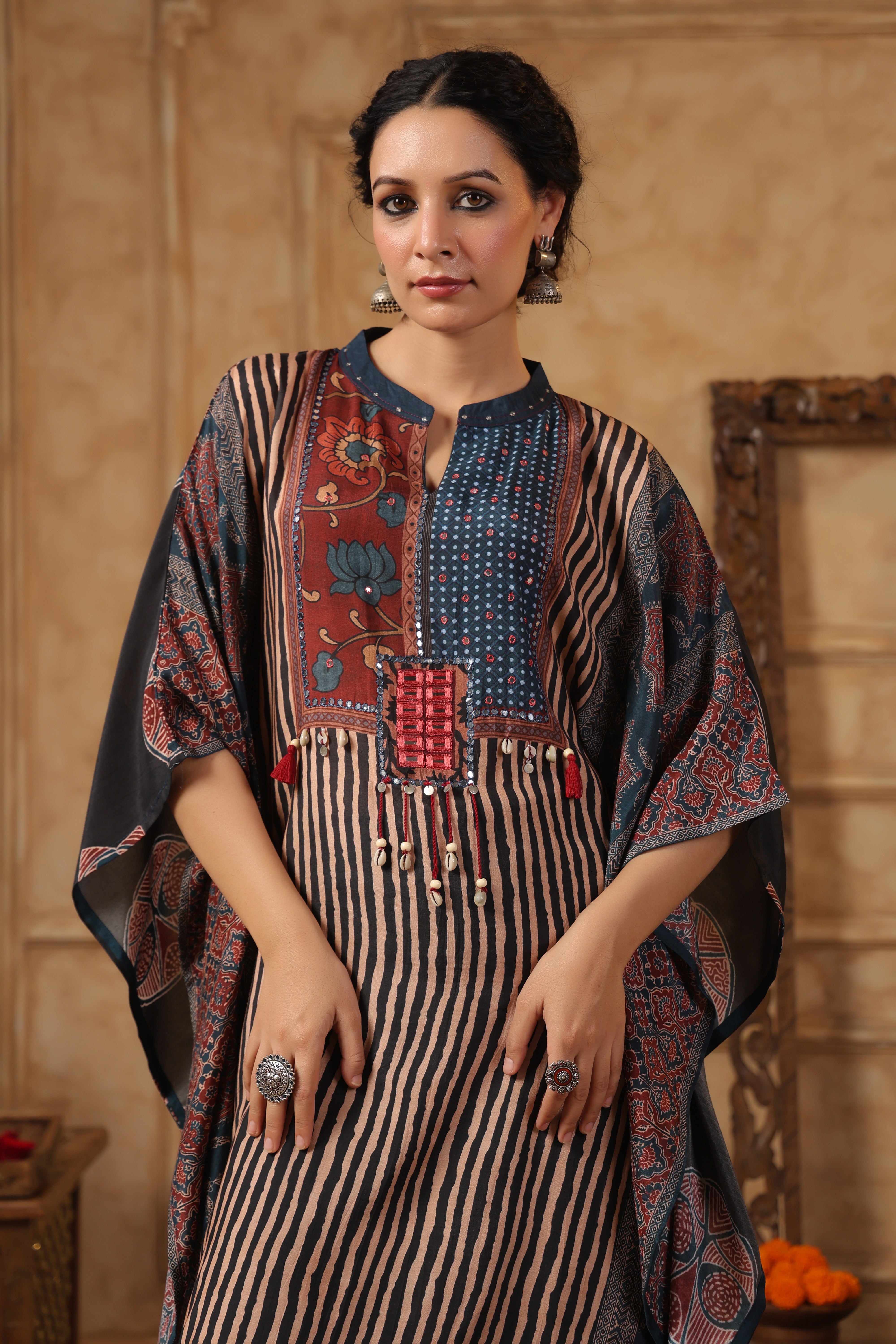 Indigo Blue Floral Printed Muslin Silk Kaftan Set