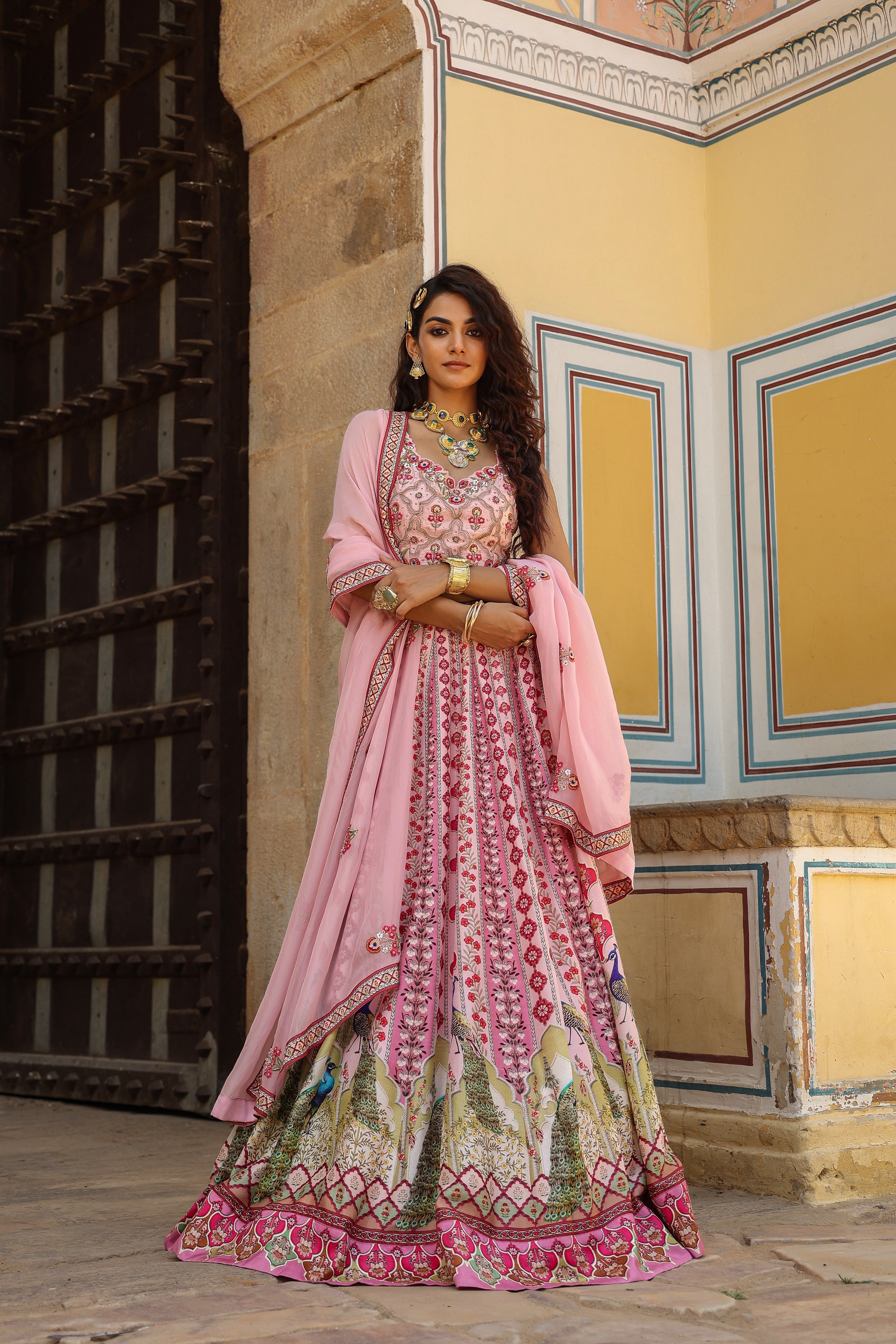 Light Pink Traditional Printed Raw Silk Lehenga Set