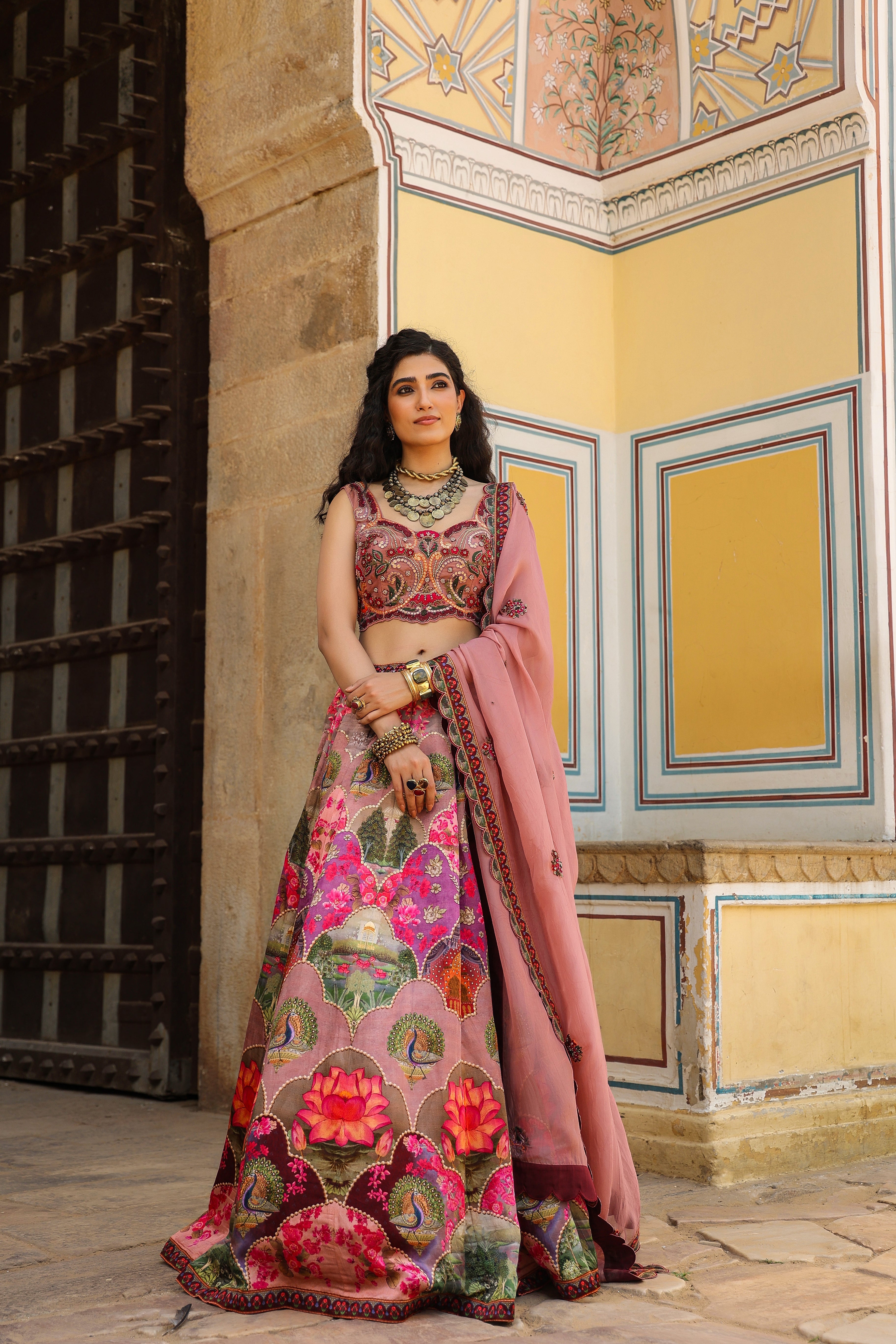 Pink Traditional Printed Satin Silk Lehenga Set