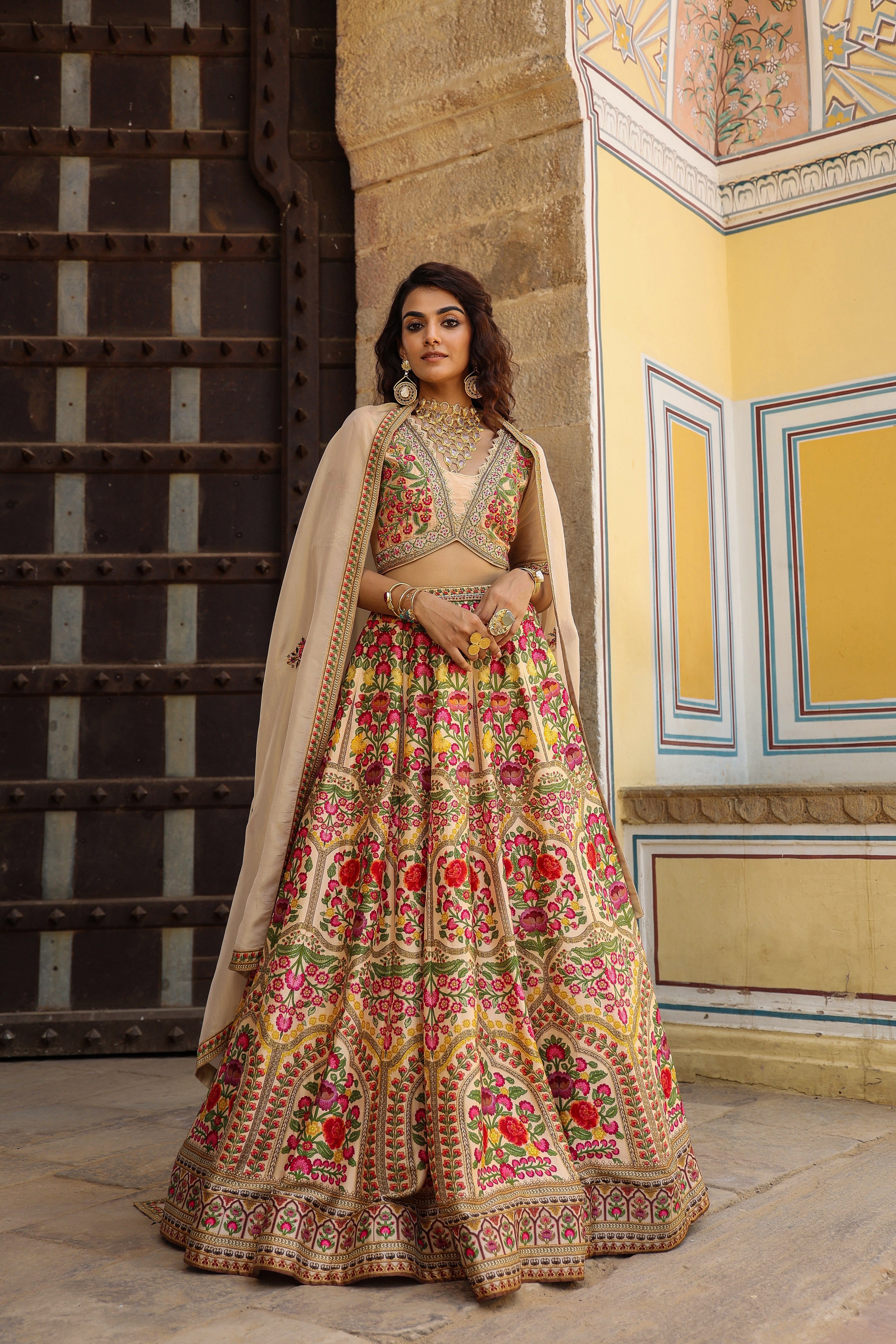 Light Peach Traditional Printed Raw Silk Lehenga Set