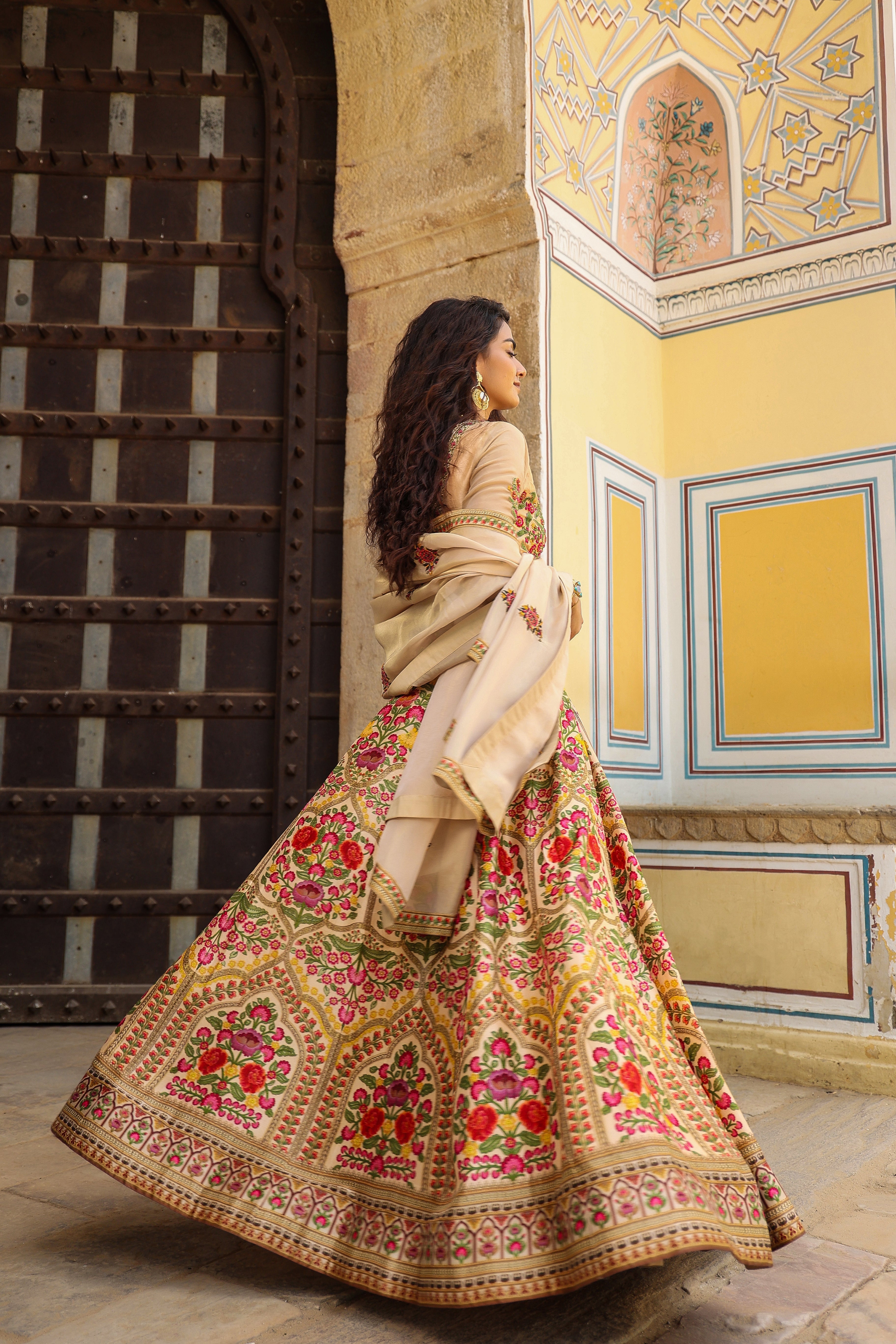 Light Peach Traditional Printed Raw Silk Lehenga Set