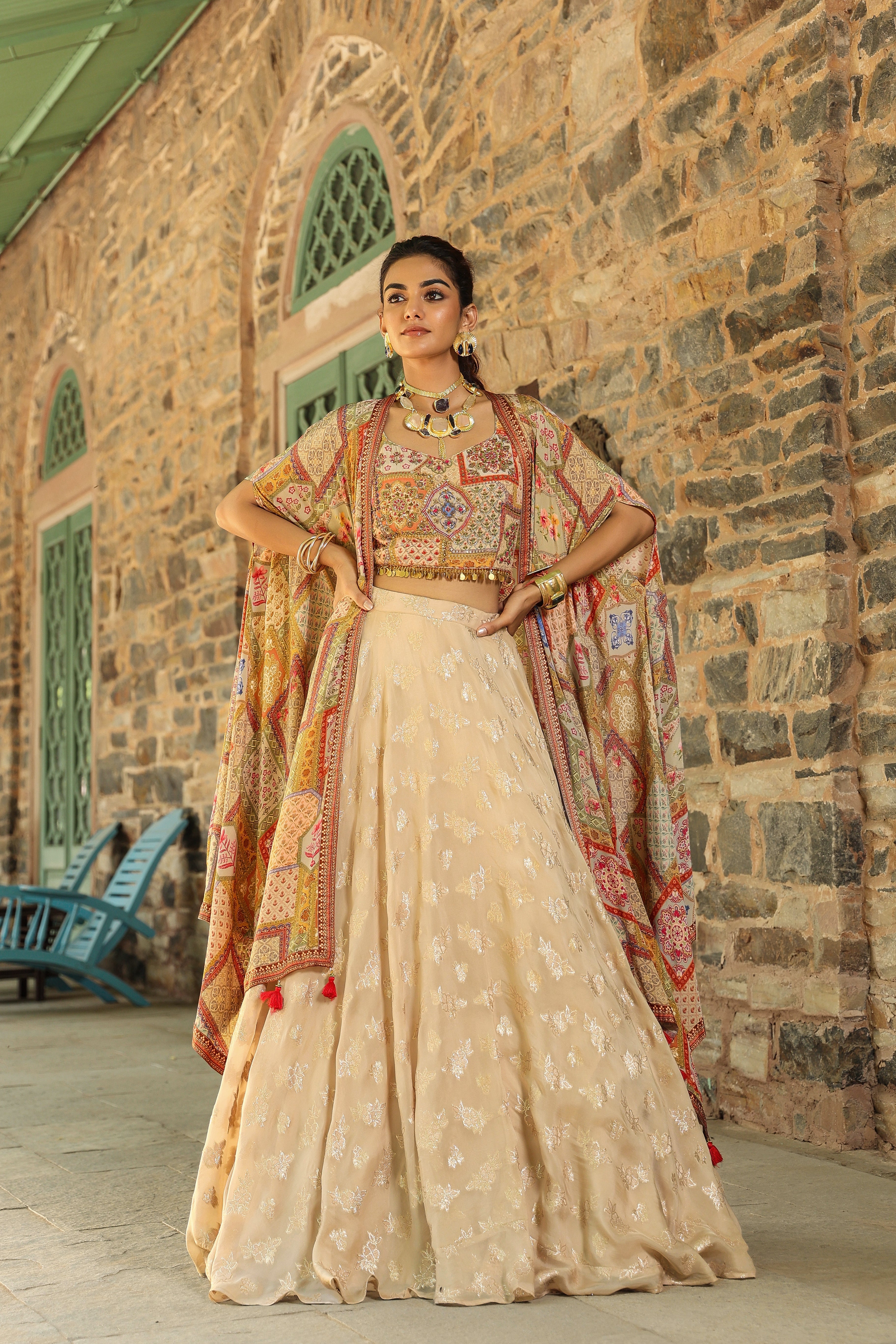 Beige Embroidered Premium Organza Silk Cape Lehenga