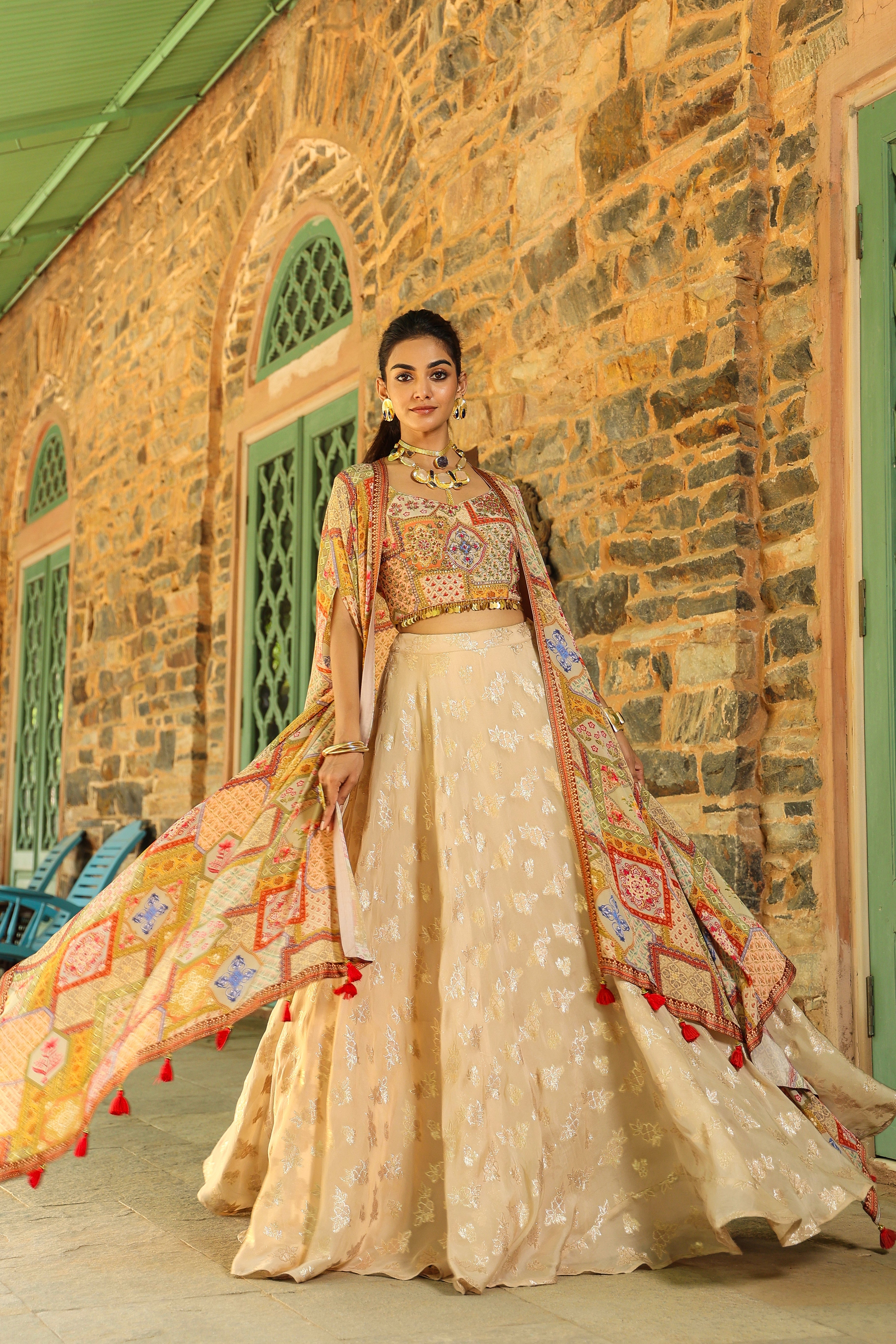 Beige Embroidered Premium Organza Silk Cape Lehenga