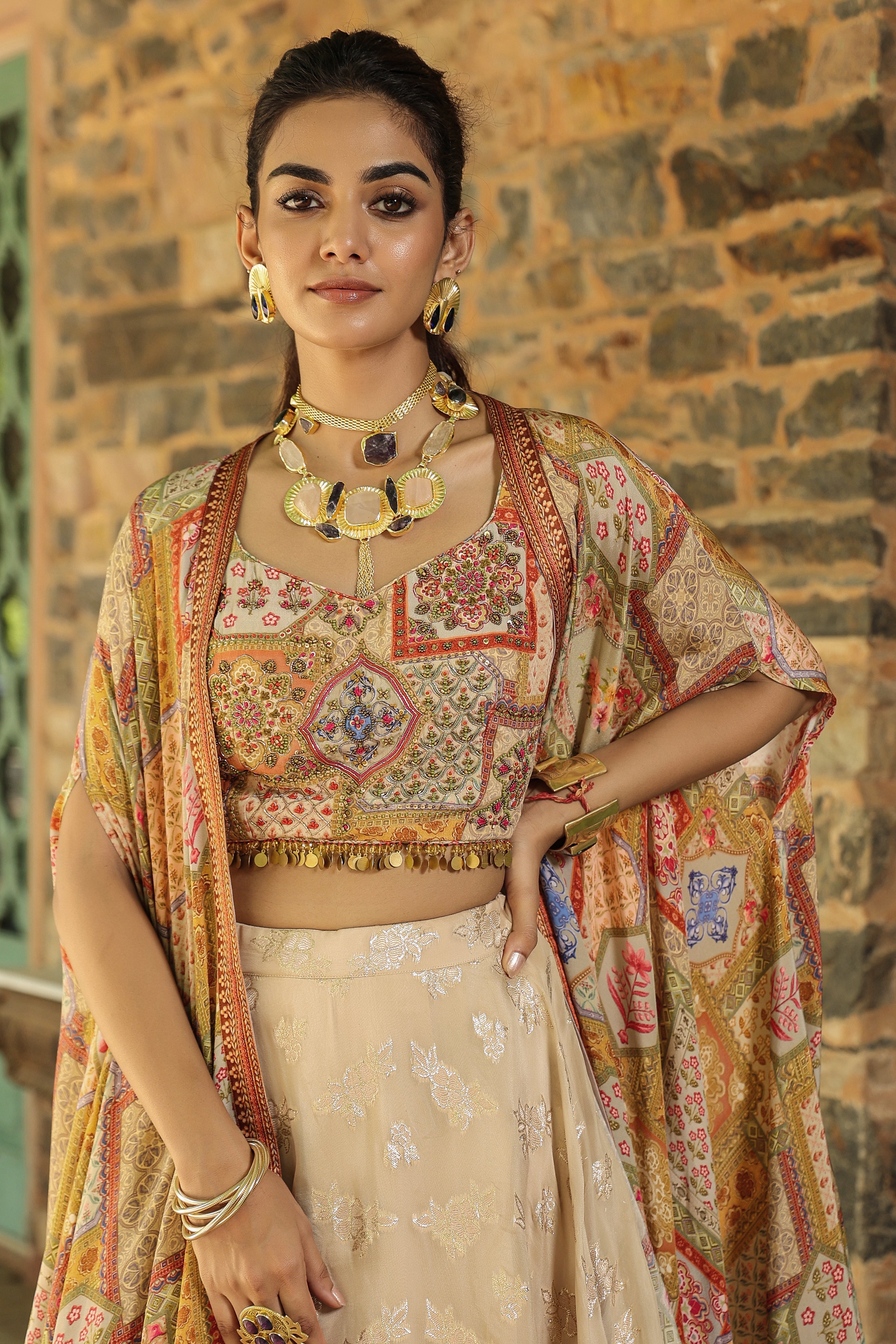 Beige Embroidered Premium Organza Silk Cape Lehenga