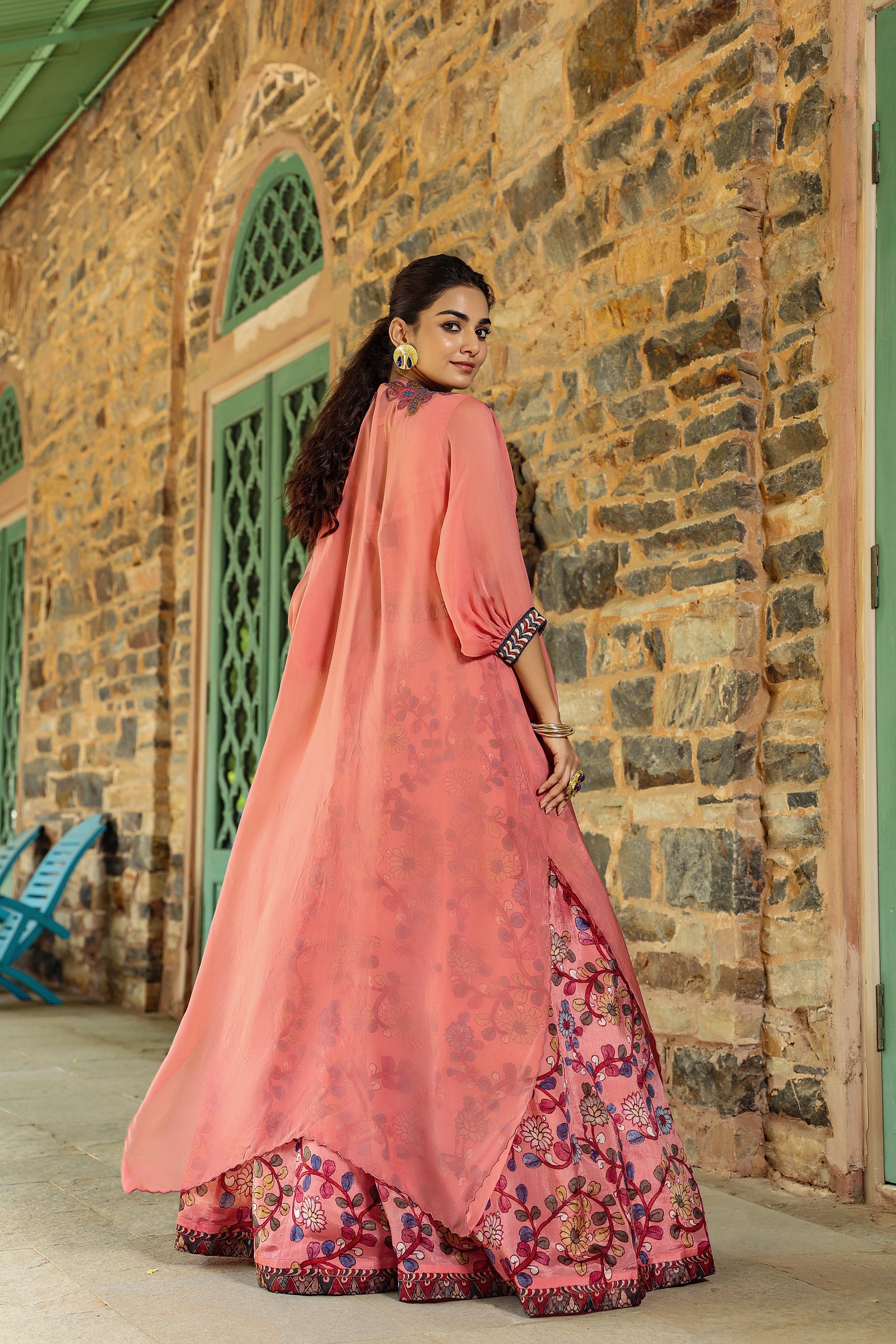 Peach Kalamkari Printed Organza Silk Cape Lehenga