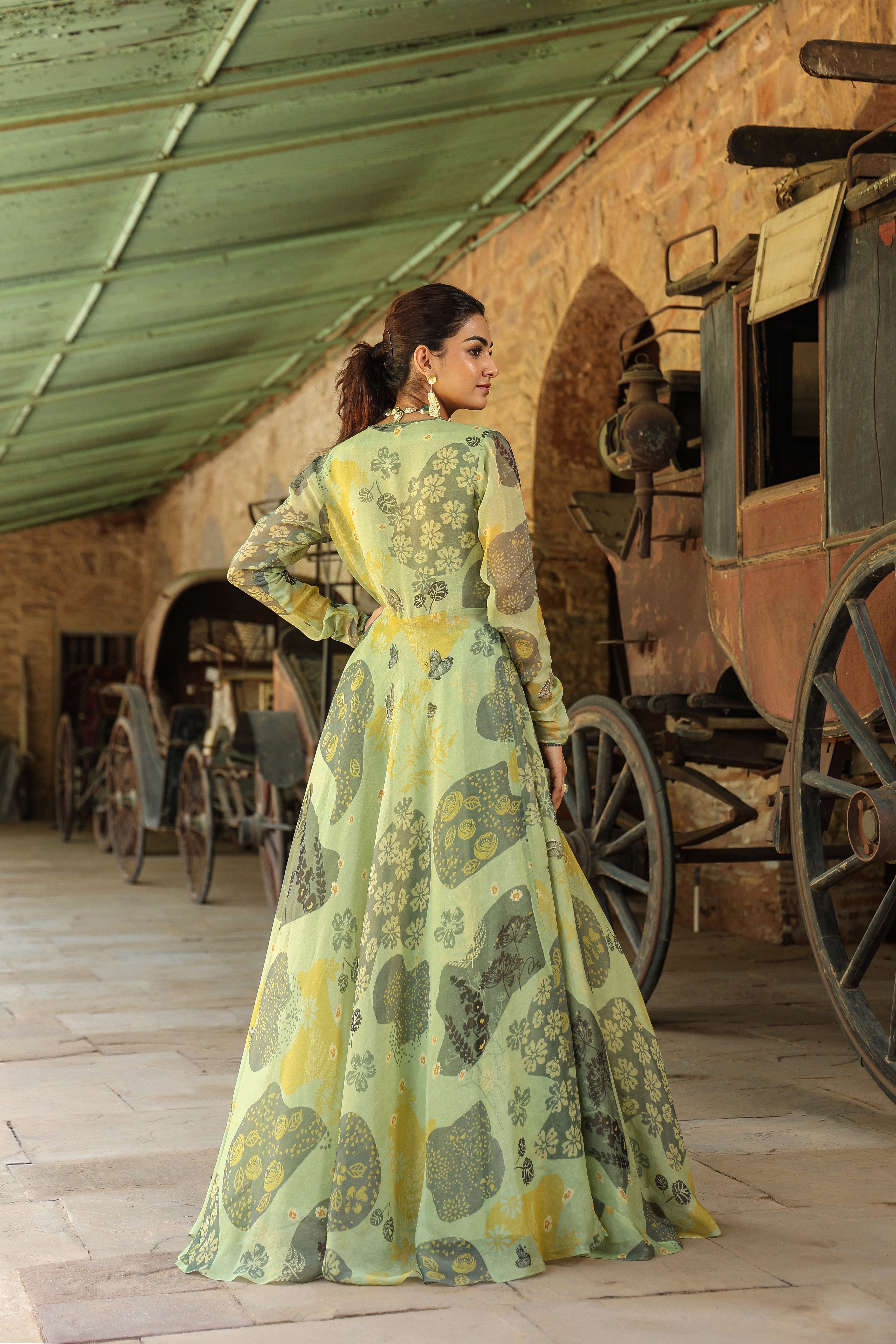 Olive Green Printed Shimmer Organza Silk Gown