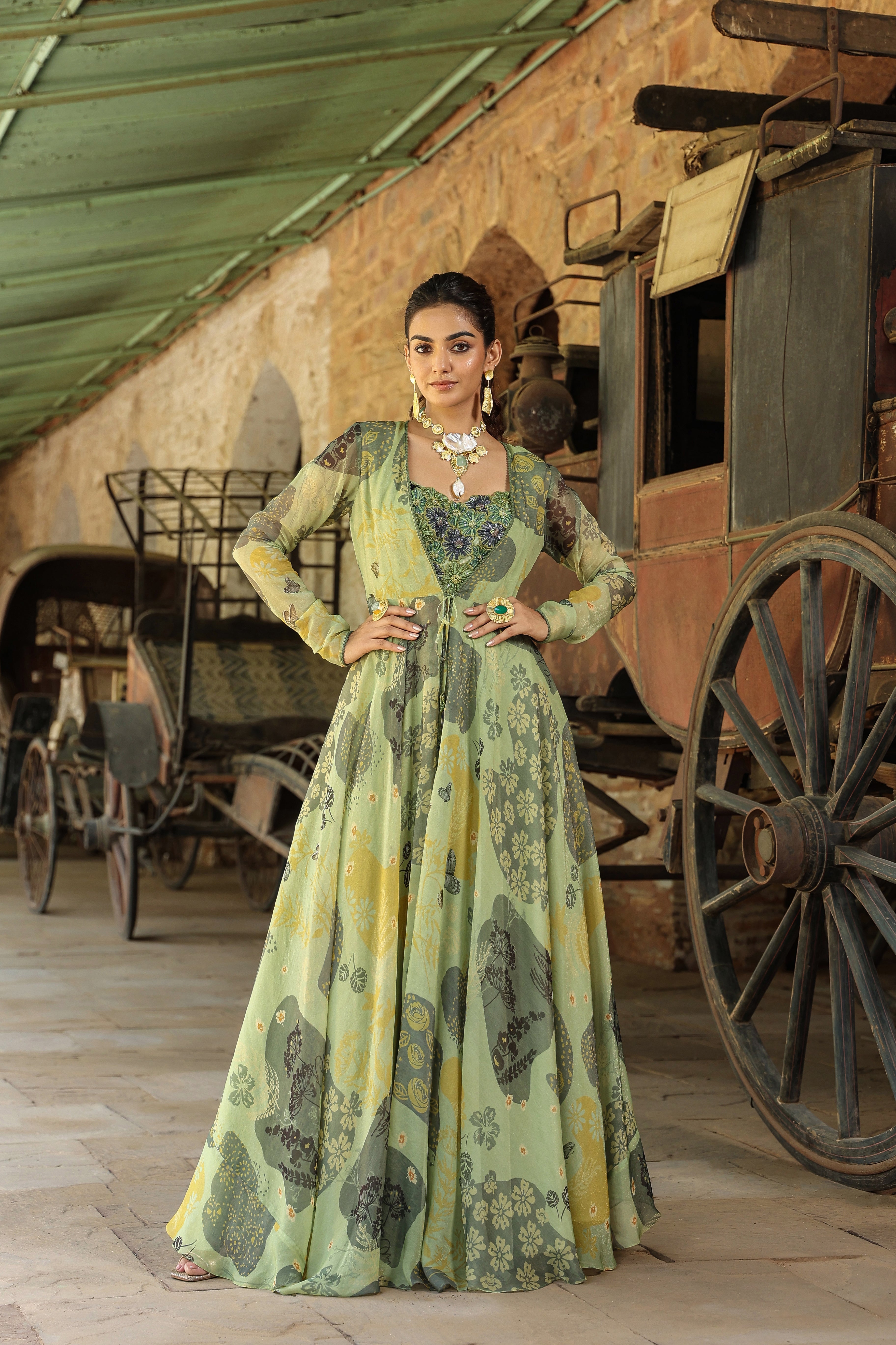 Olive Green Printed Shimmer Organza Silk Gown