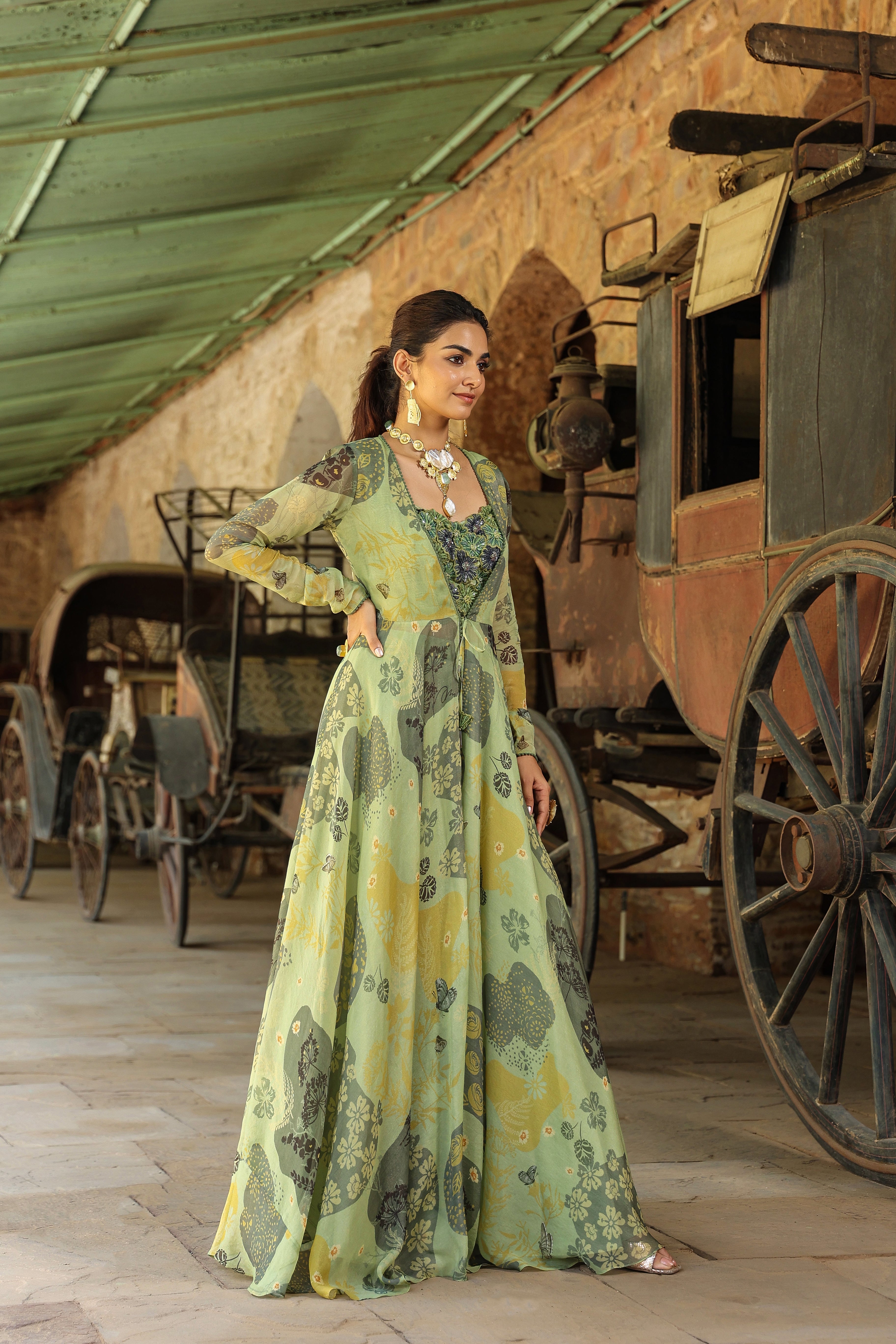 Olive Green Printed Shimmer Organza Silk Gown