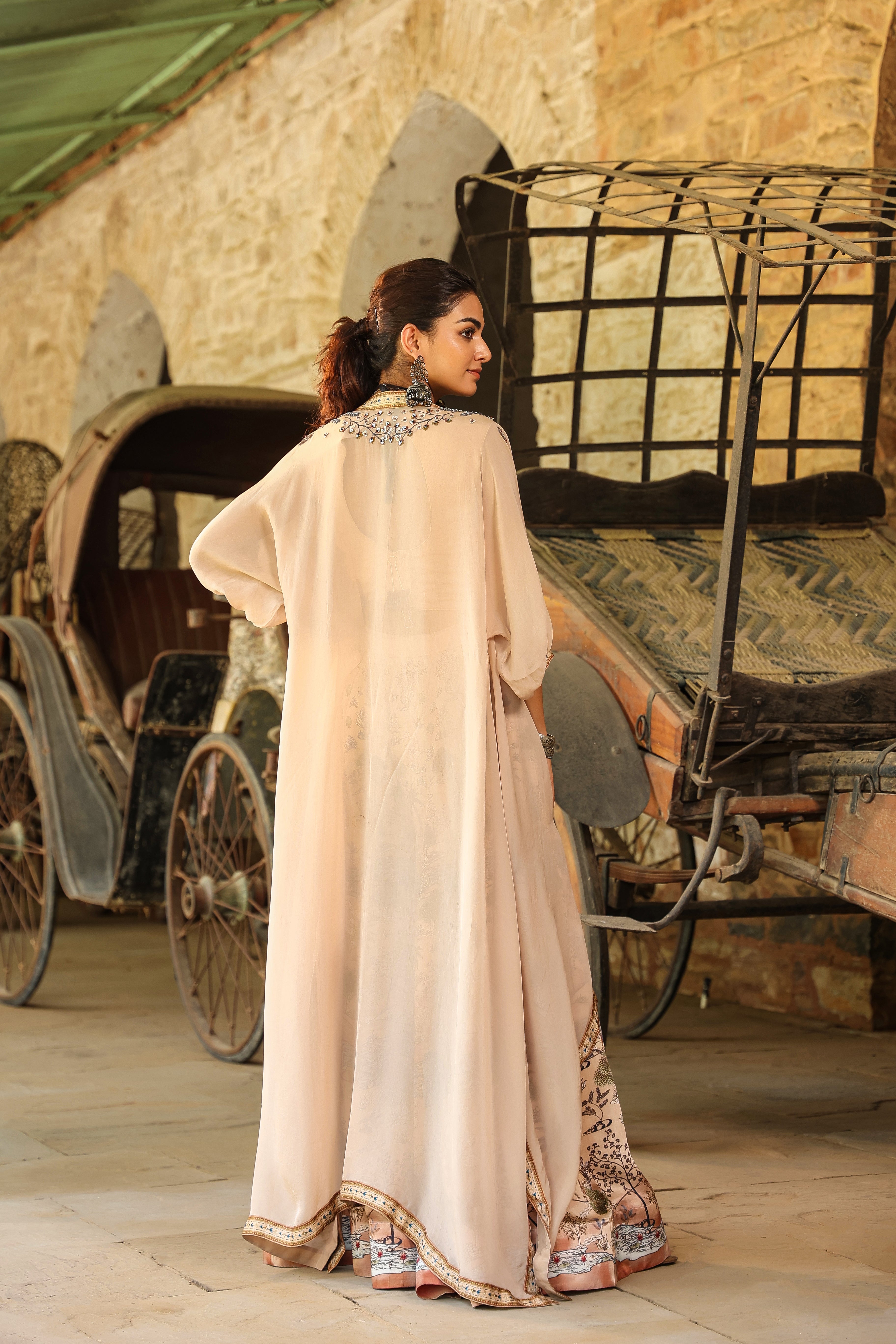 Beige Traditional Printed Organza Silk Cape Set