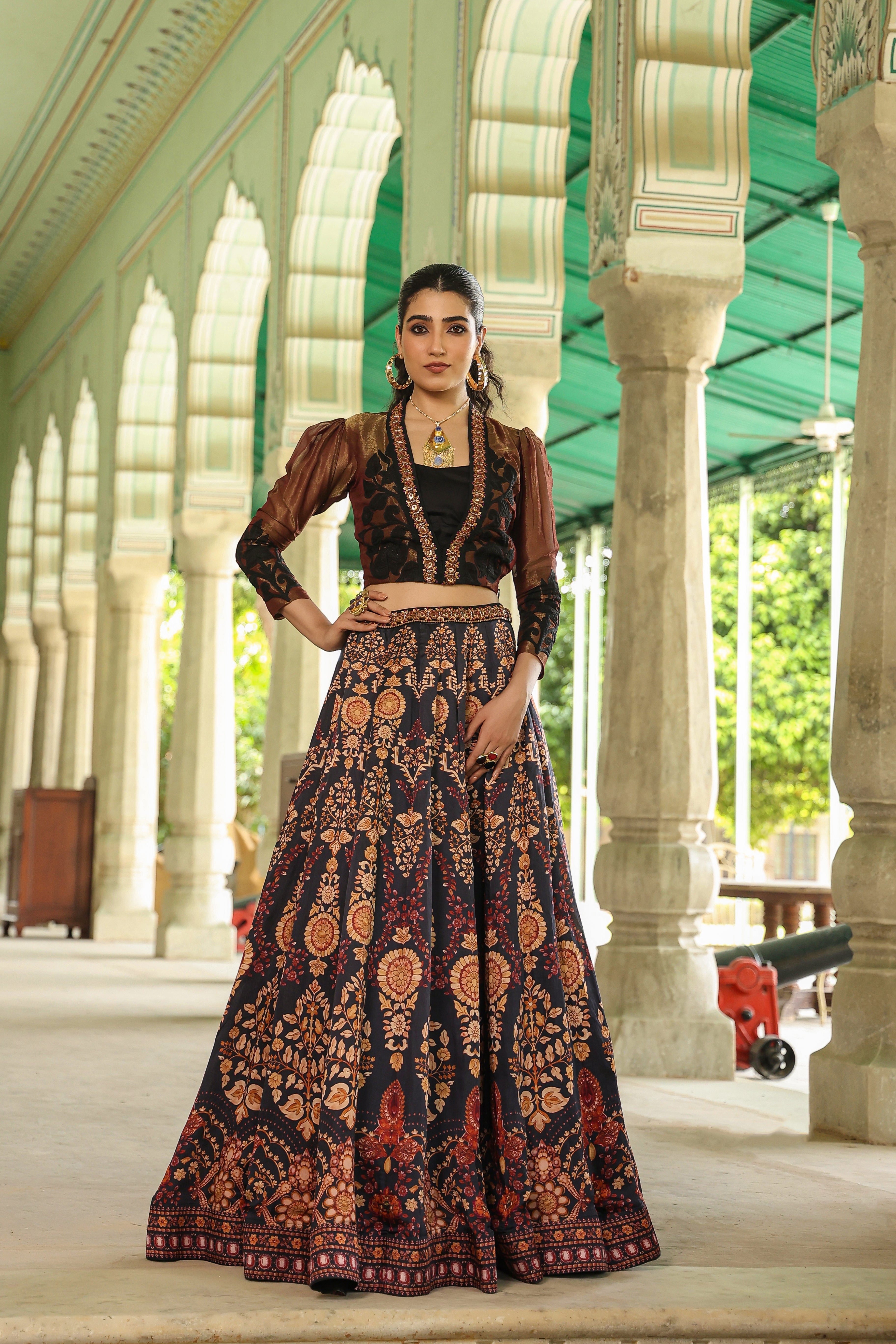 Black Ethnic Printed Satin Silk Lehenga Set