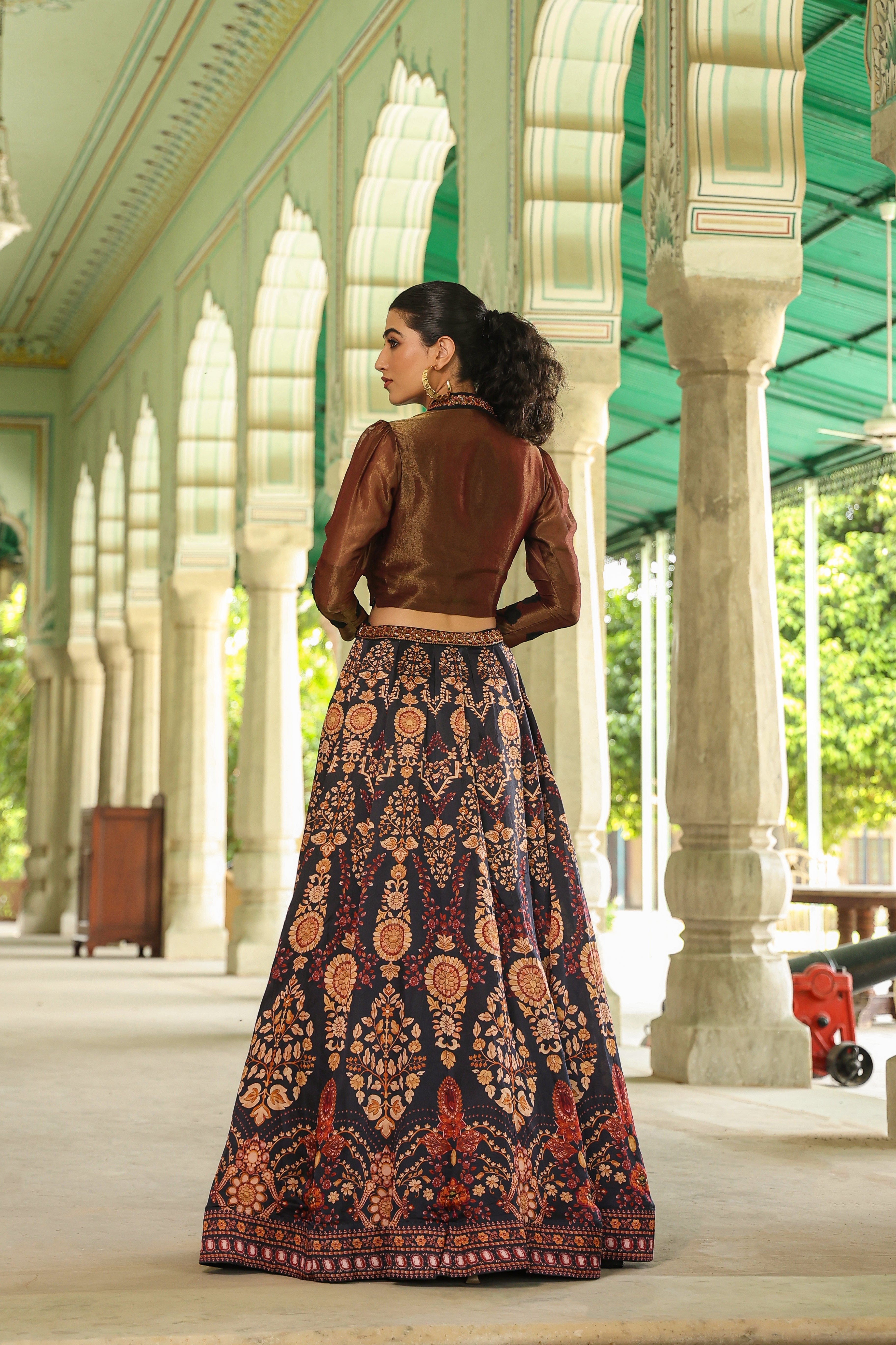 Black Ethnic Printed Satin Silk Lehenga Set