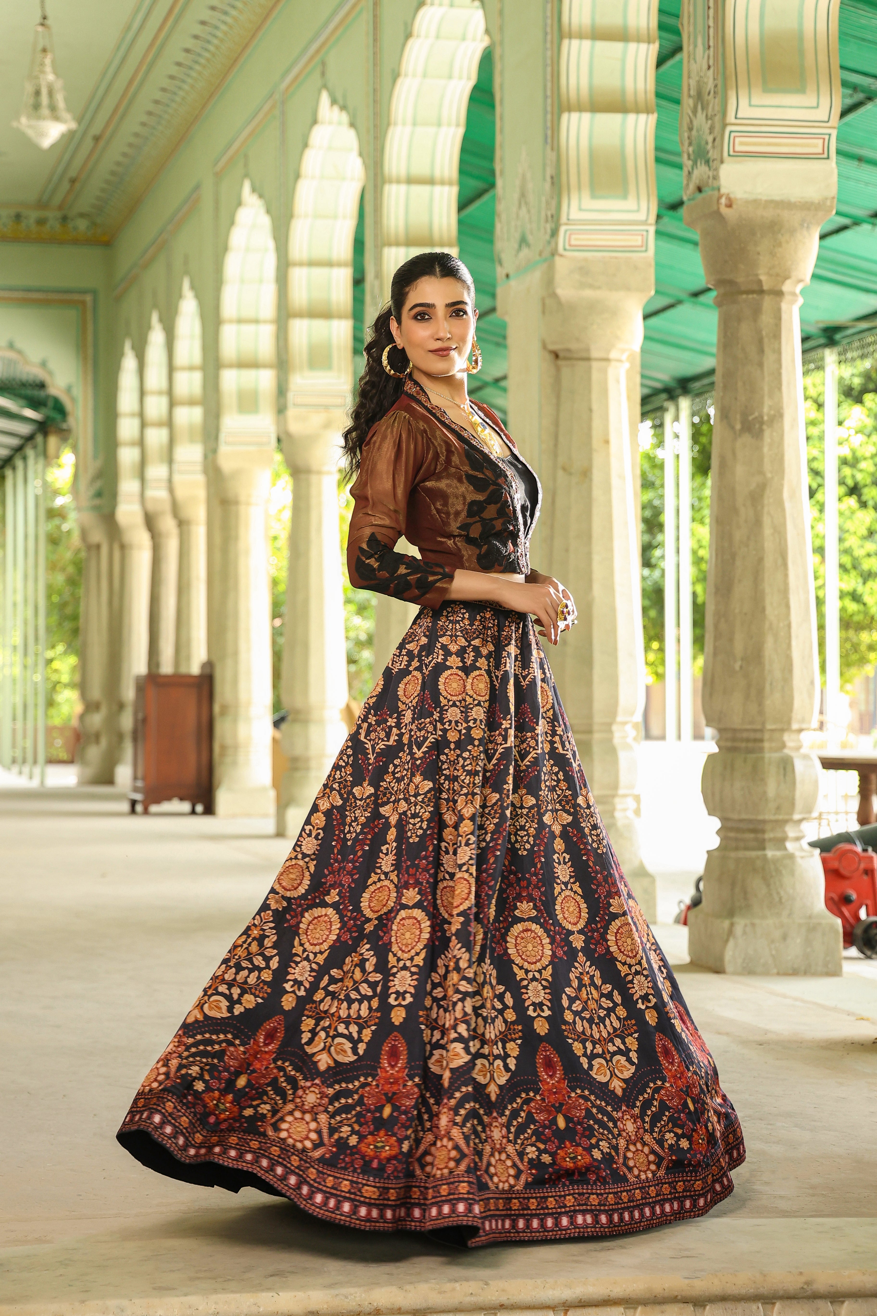 Black Ethnic Printed Satin Silk Lehenga Set