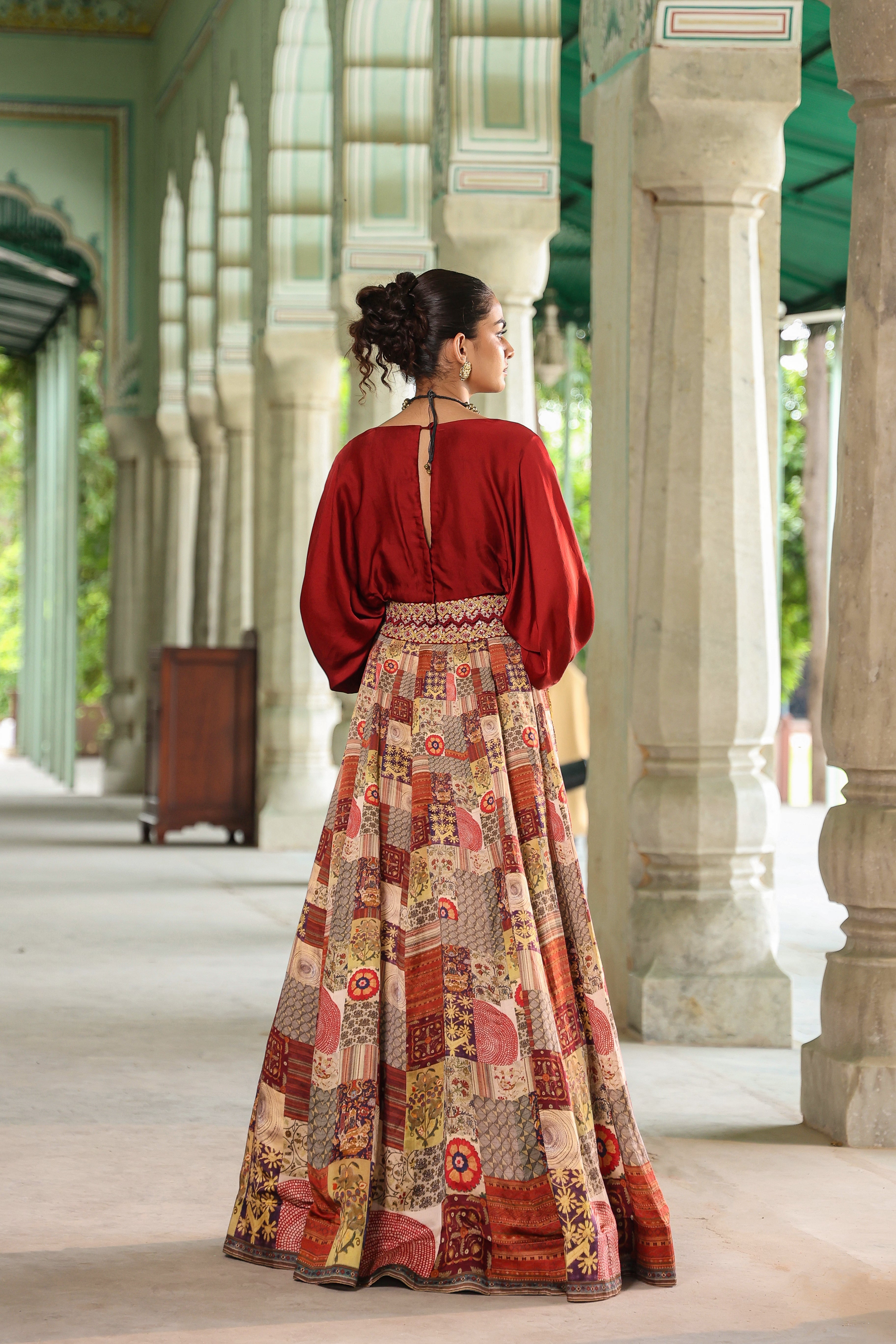 Beige Traditional Printed Modal Satin Silk Skirt Set