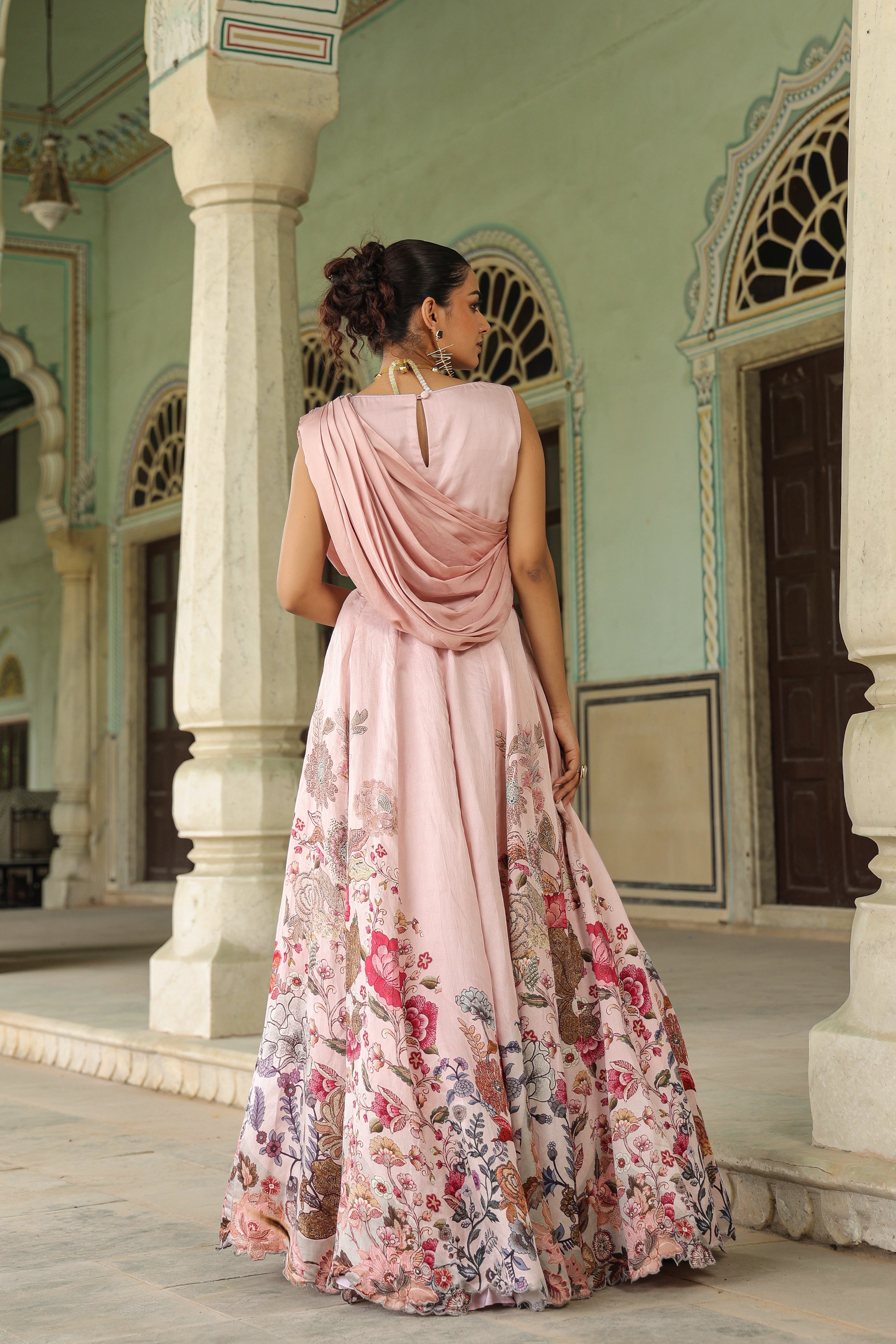 Peach Blush Floral Printed Satin Silk Lehenga Set