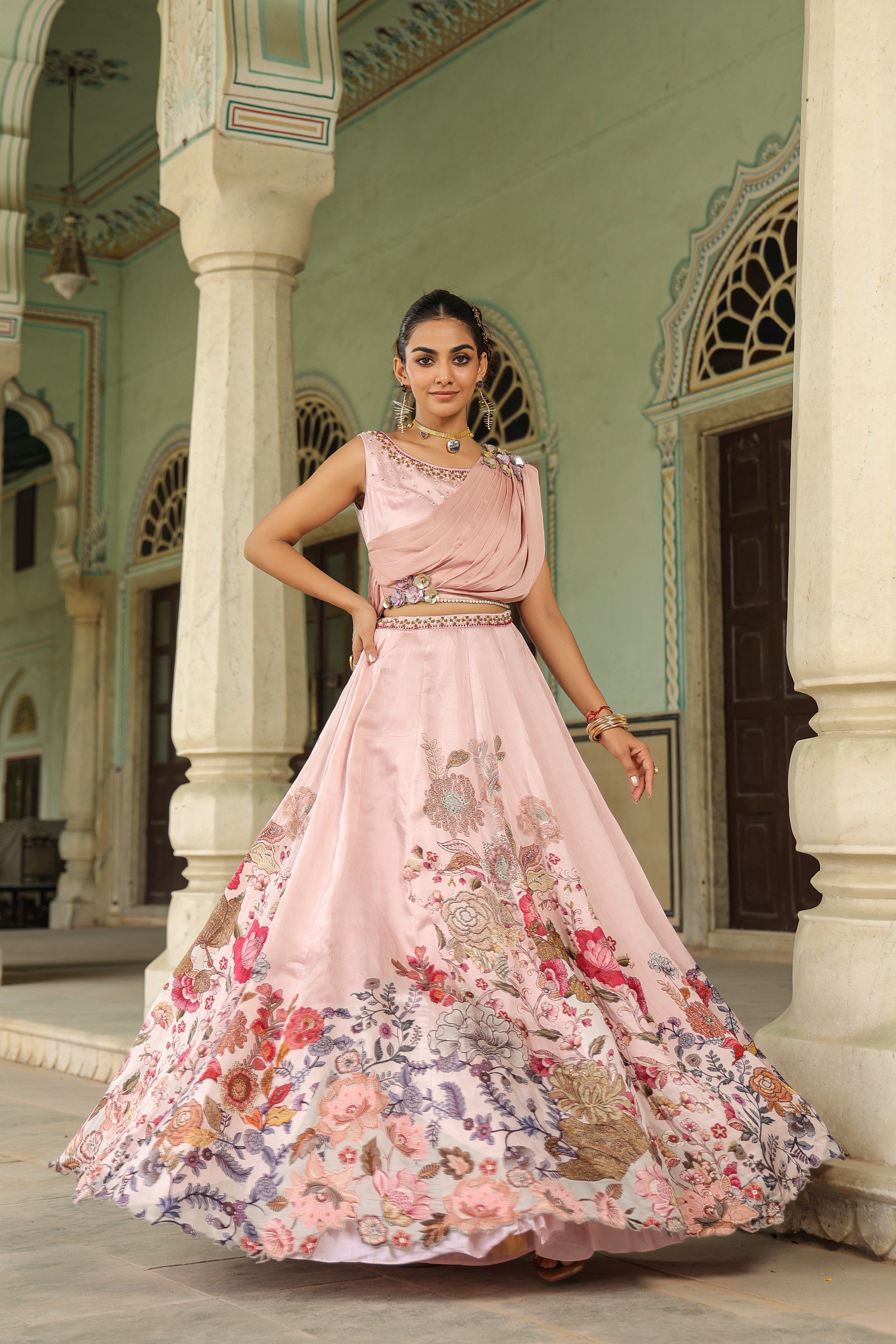 Peach Blush Floral Printed Satin Silk Lehenga Set