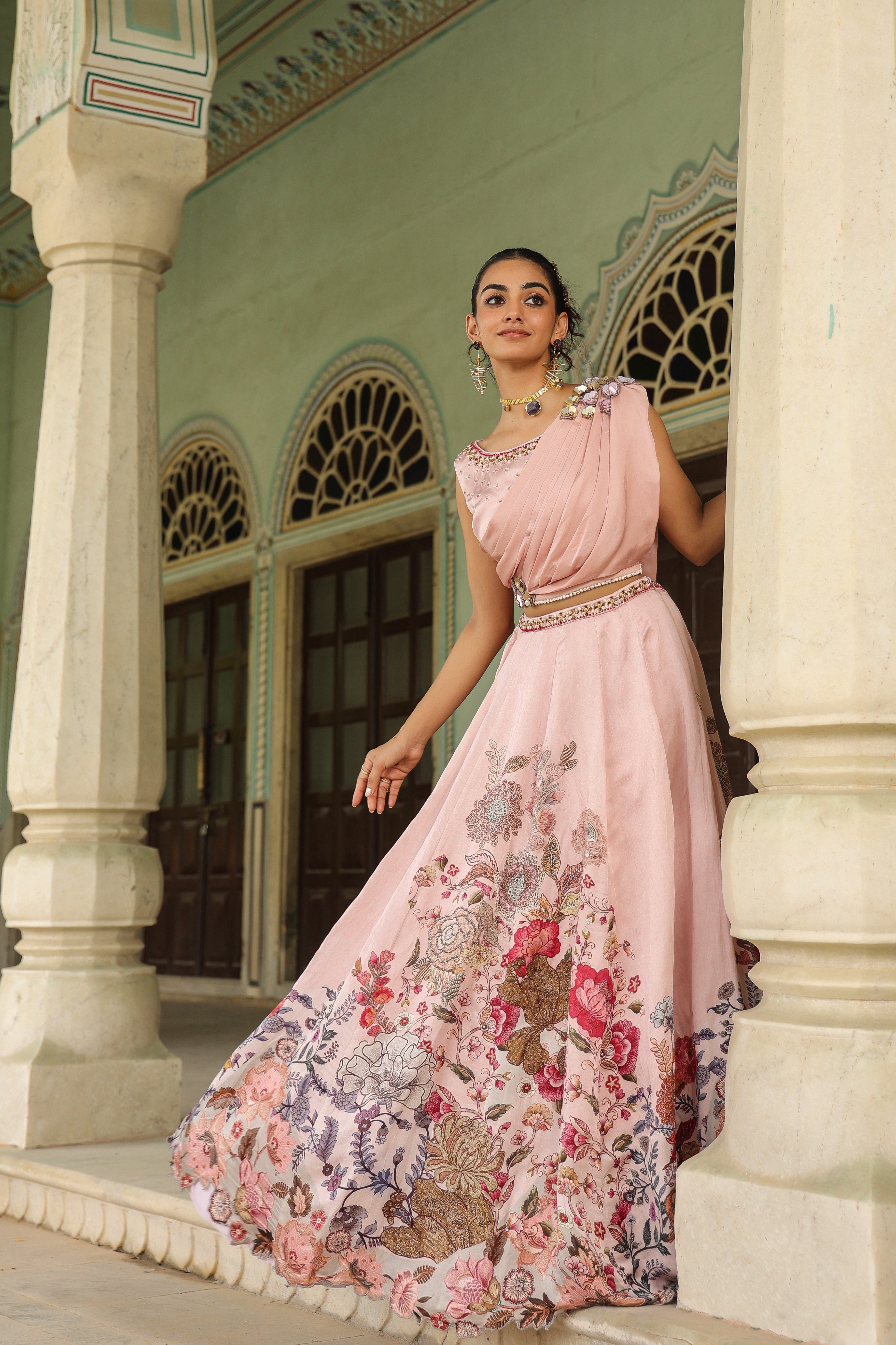 Peach Blush Floral Printed Satin Silk Lehenga Set