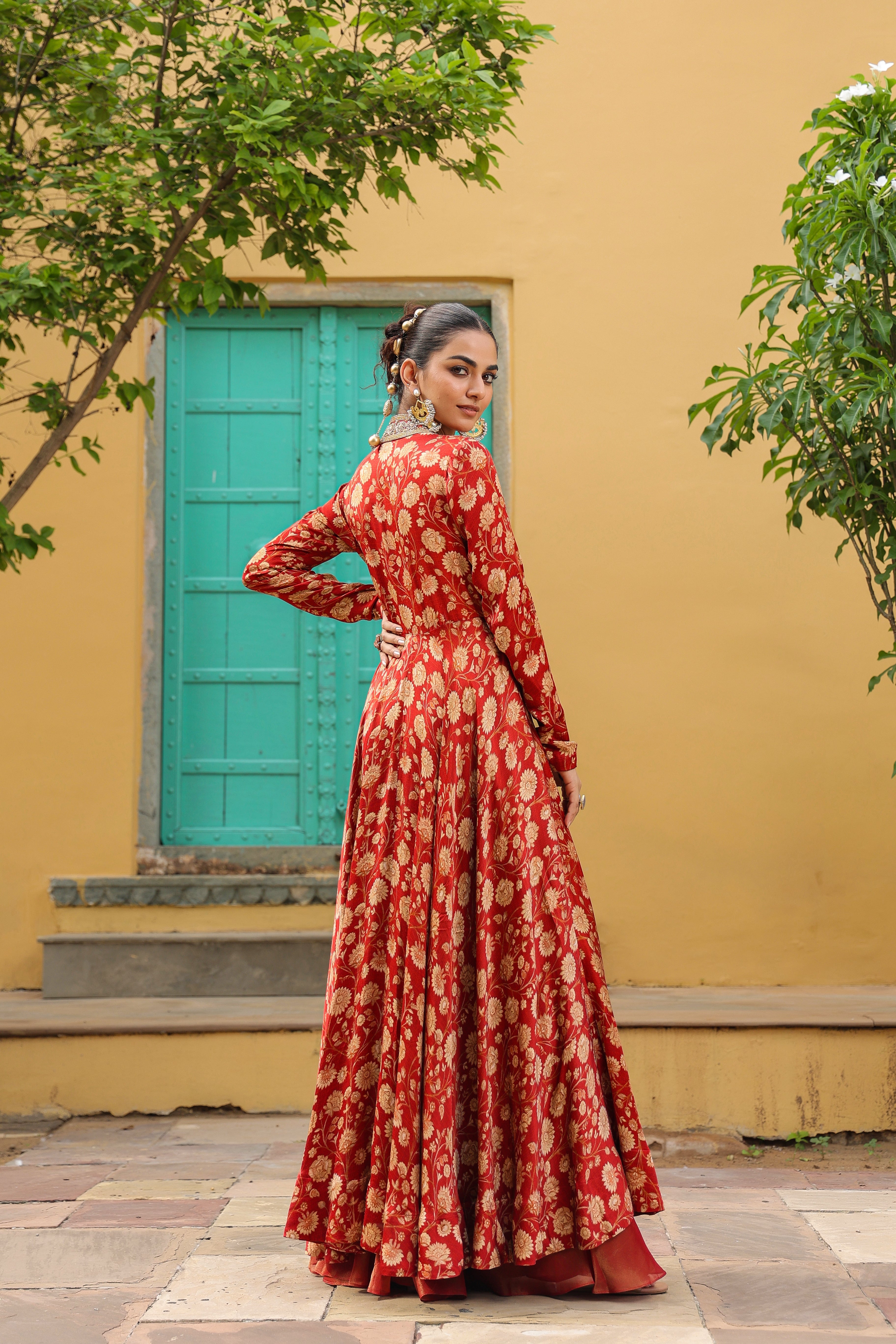 Red Floral Printed Gajji Silk Gown