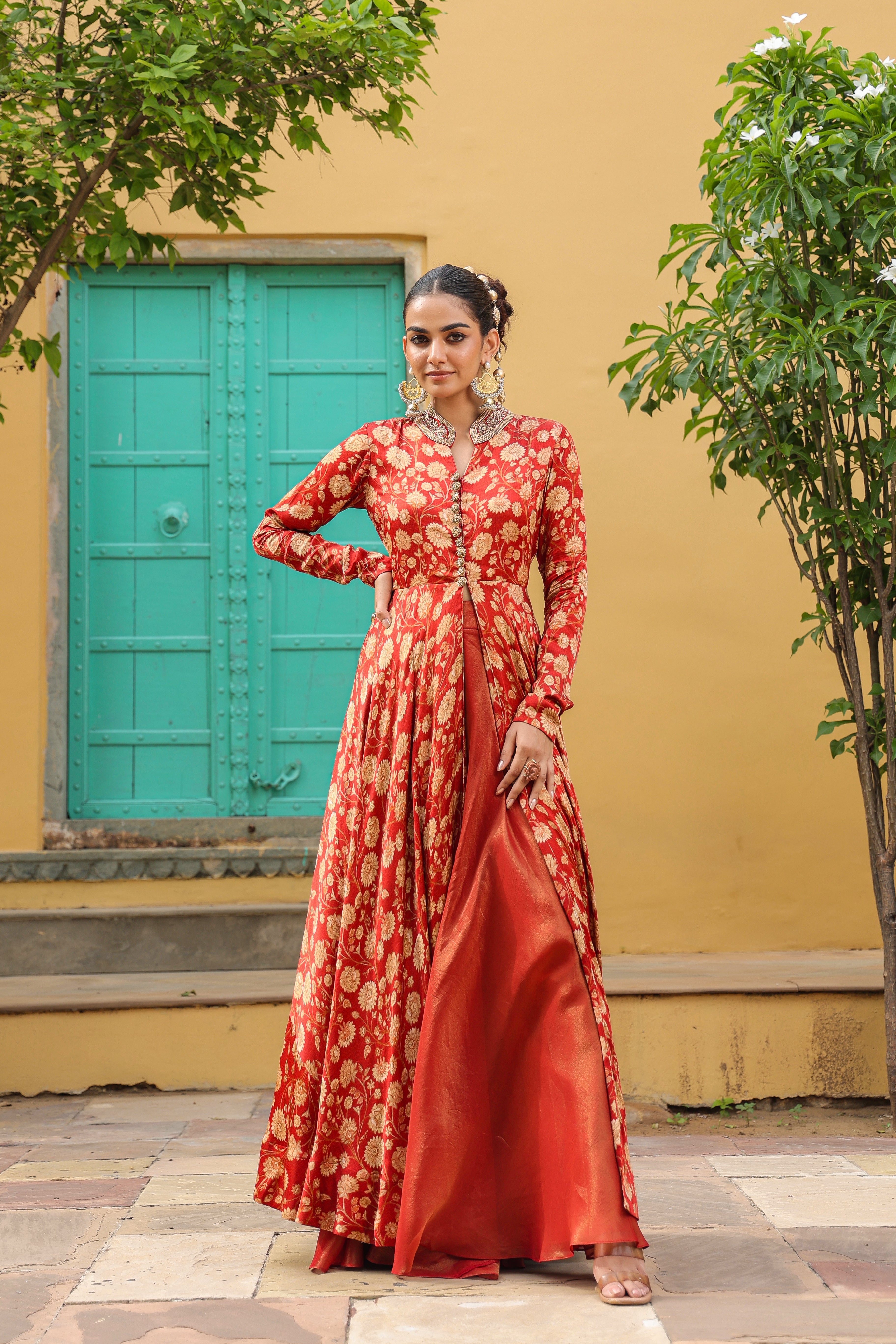 Red Floral Printed Gajji Silk Gown