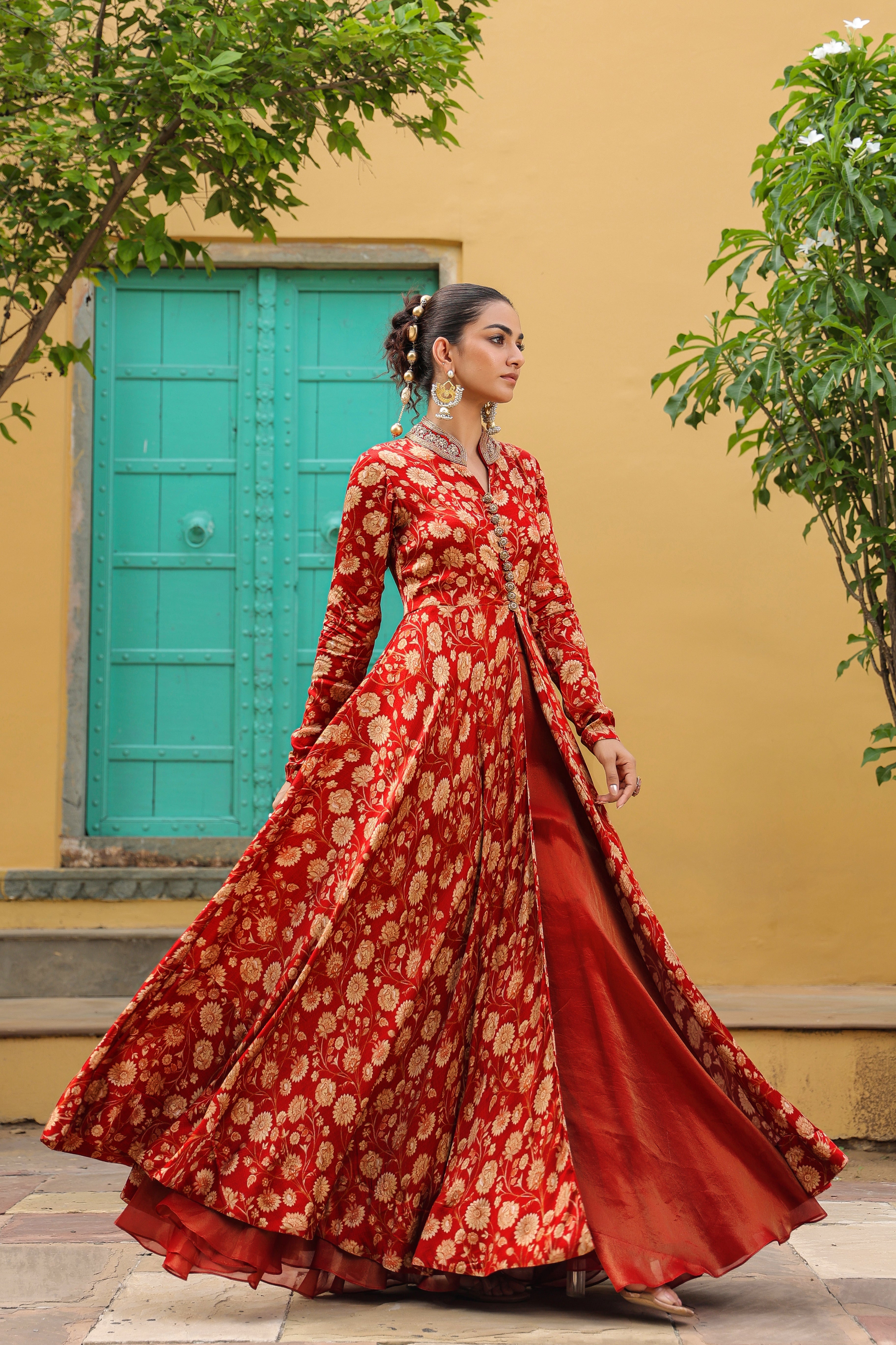 Red Floral Printed Gajji Silk Gown