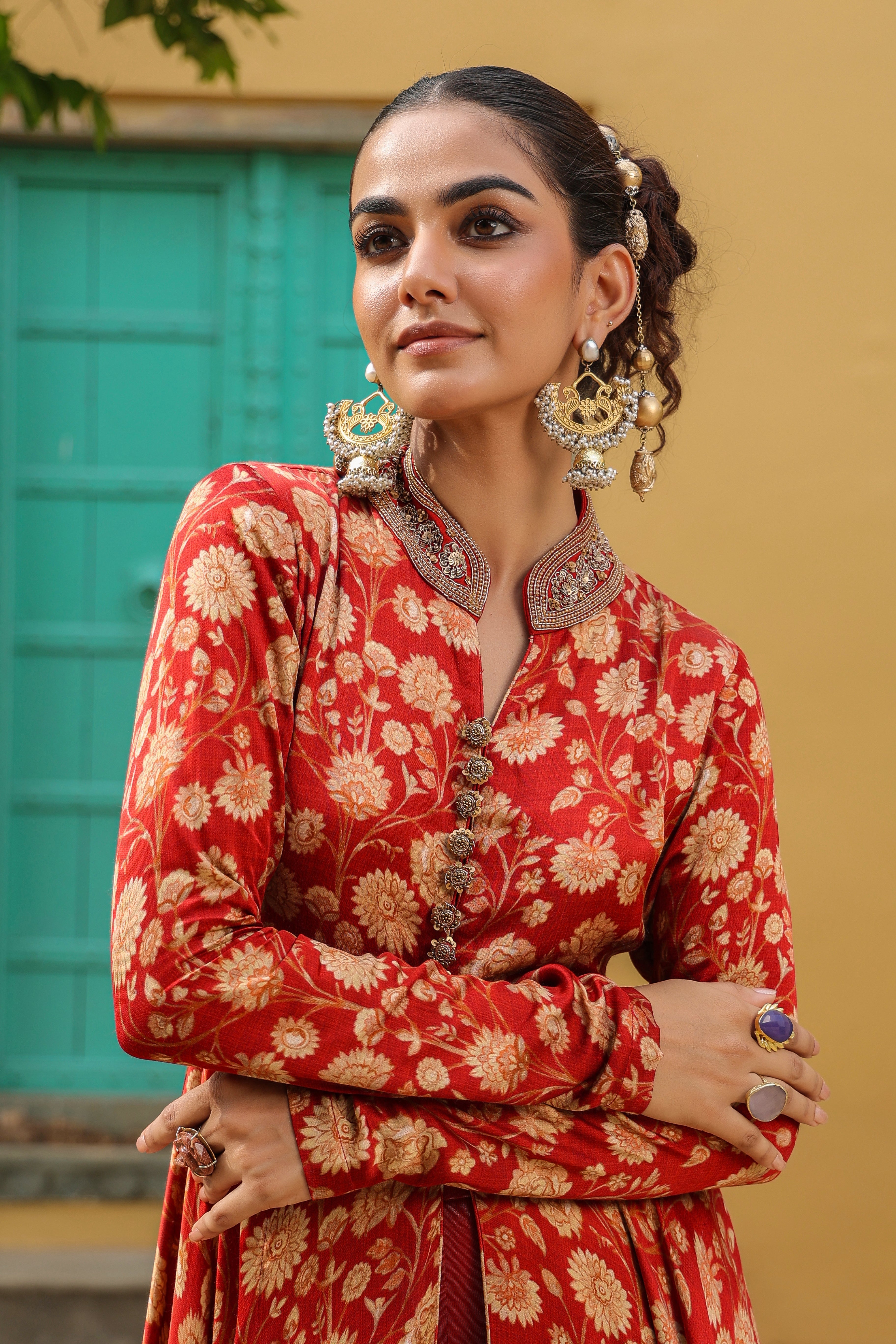 Red Floral Printed Gajji Silk Gown