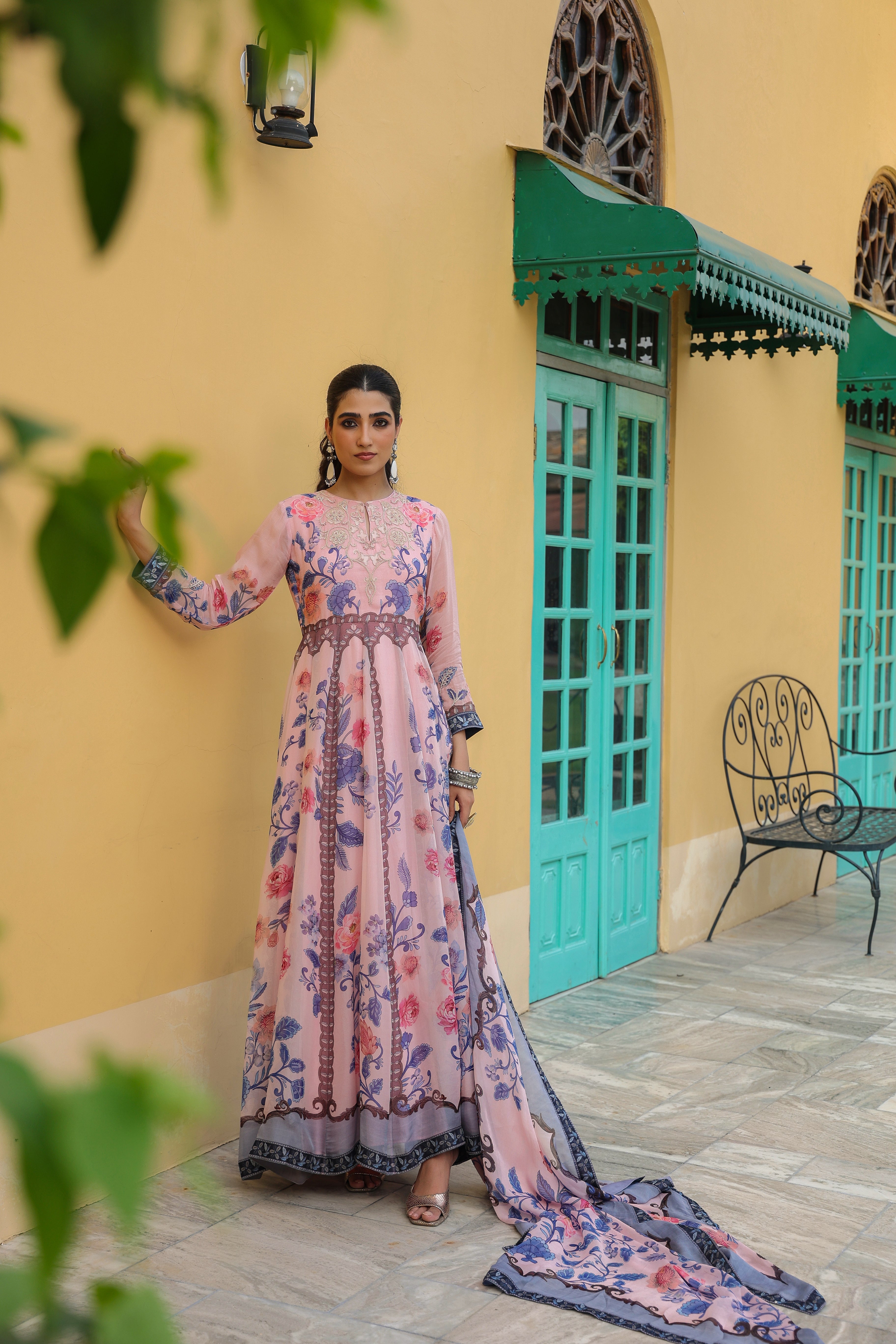 Pale Pink Floral Printed Georgette Silk Gown