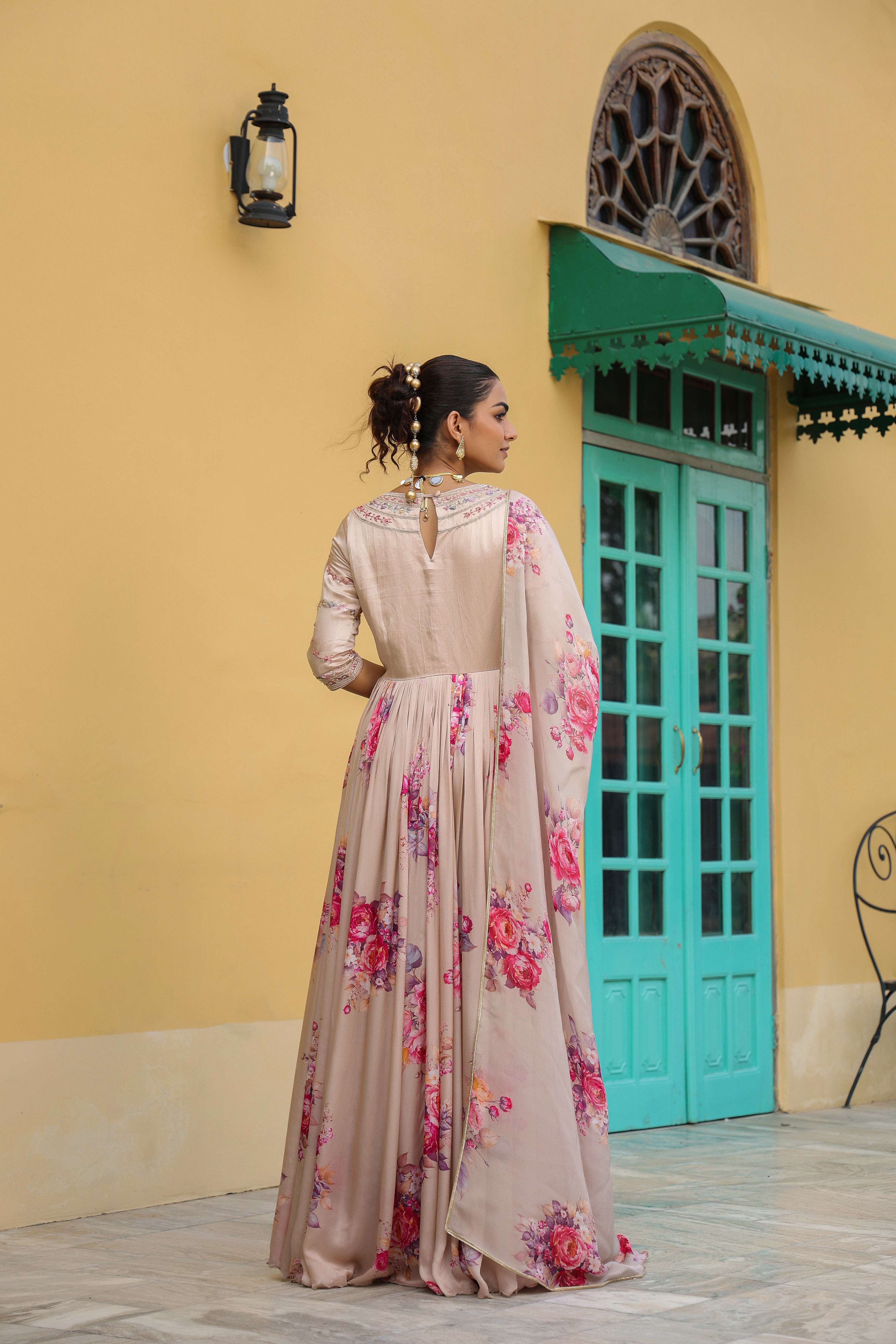 Peach Floral Printed Satin Silk Gown